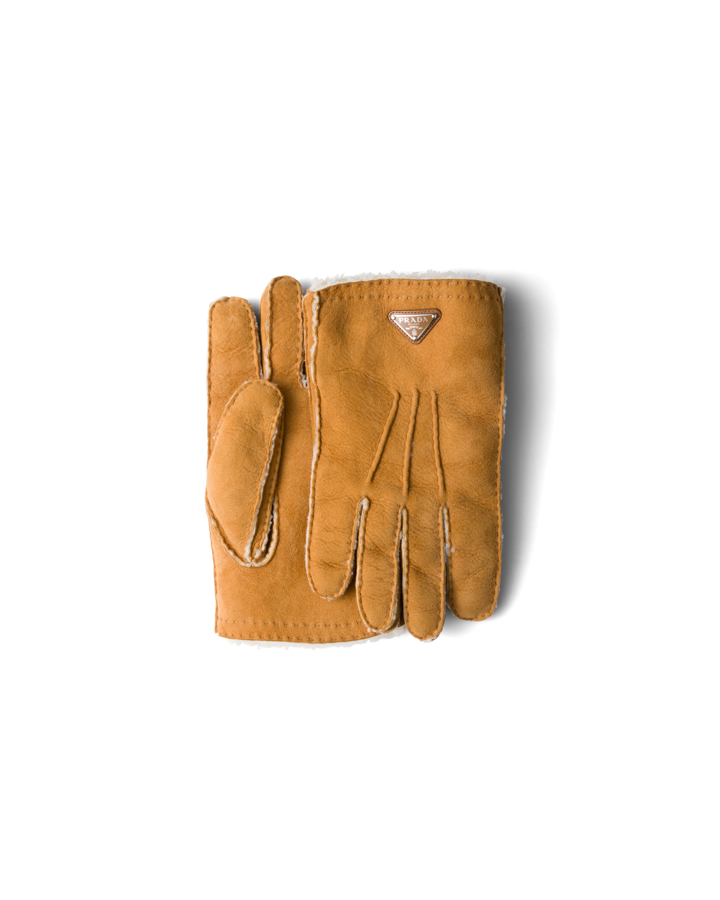 Prada Gants En Suède Et Peau De Mouton, Homme, Miel, Taille 9