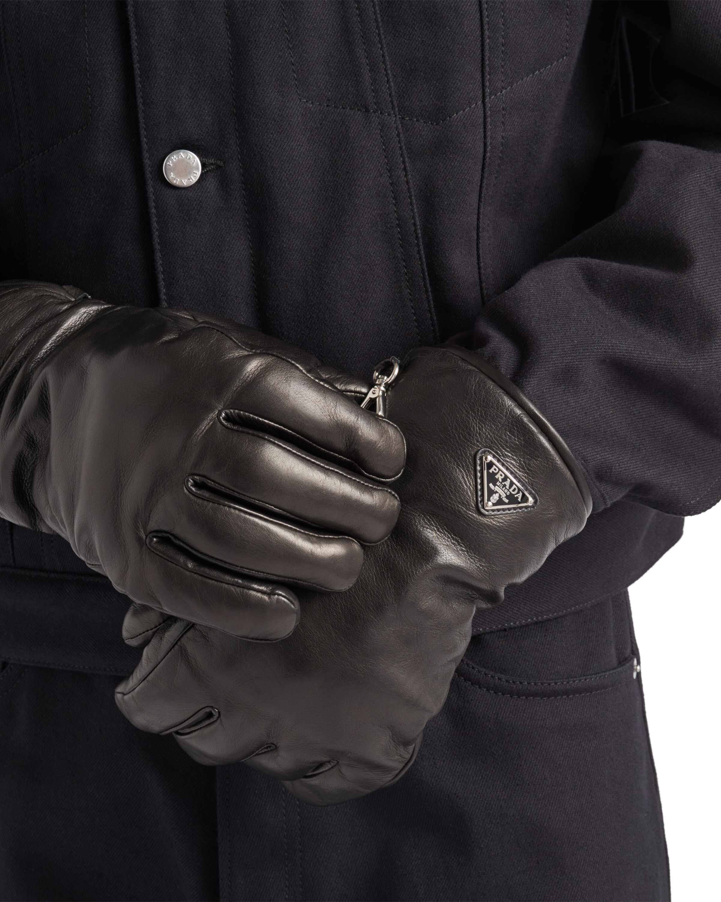 Prada Triangle-logo Leather Gloves In Black