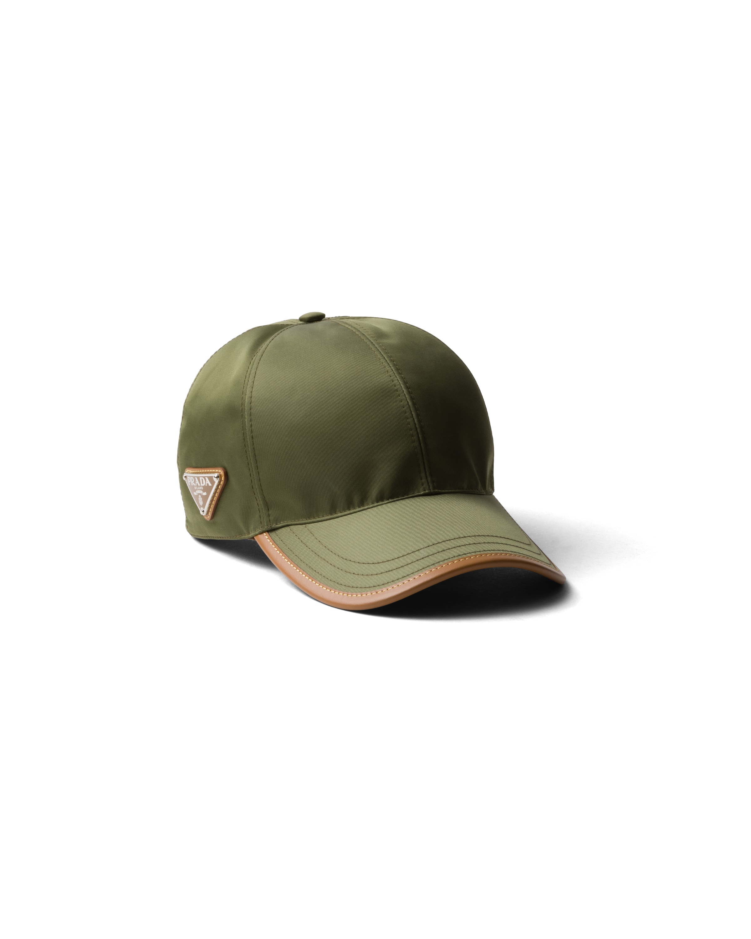 Prada Casquette De Baseball En Re-nylon Et Cuir, Homme, Militaire/caramel, Taille M