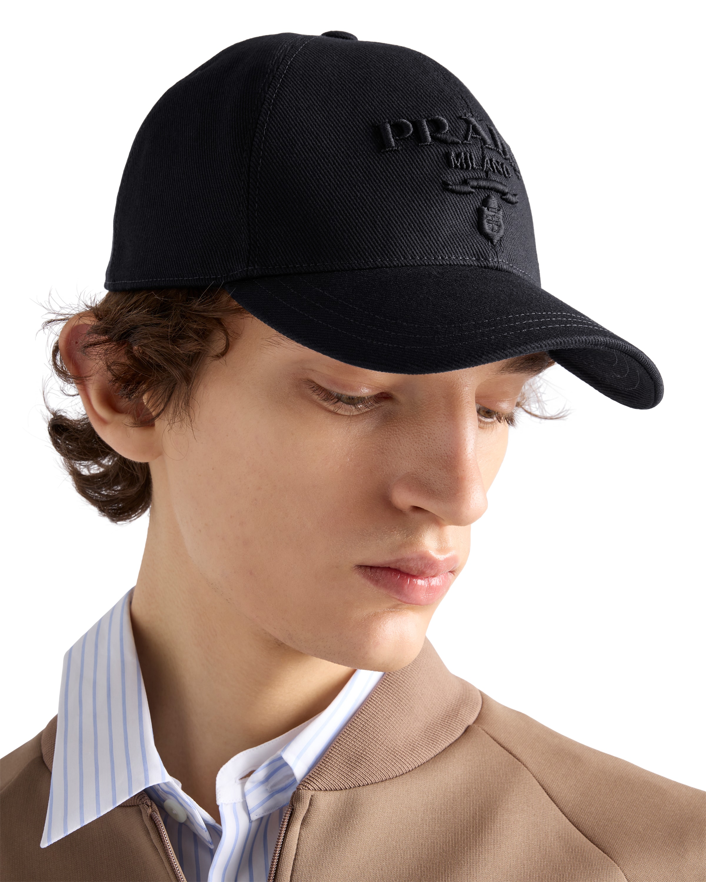 Prada Mens Black Drill Logo-embroidered Cotton-canvas Baseball Cap In Black