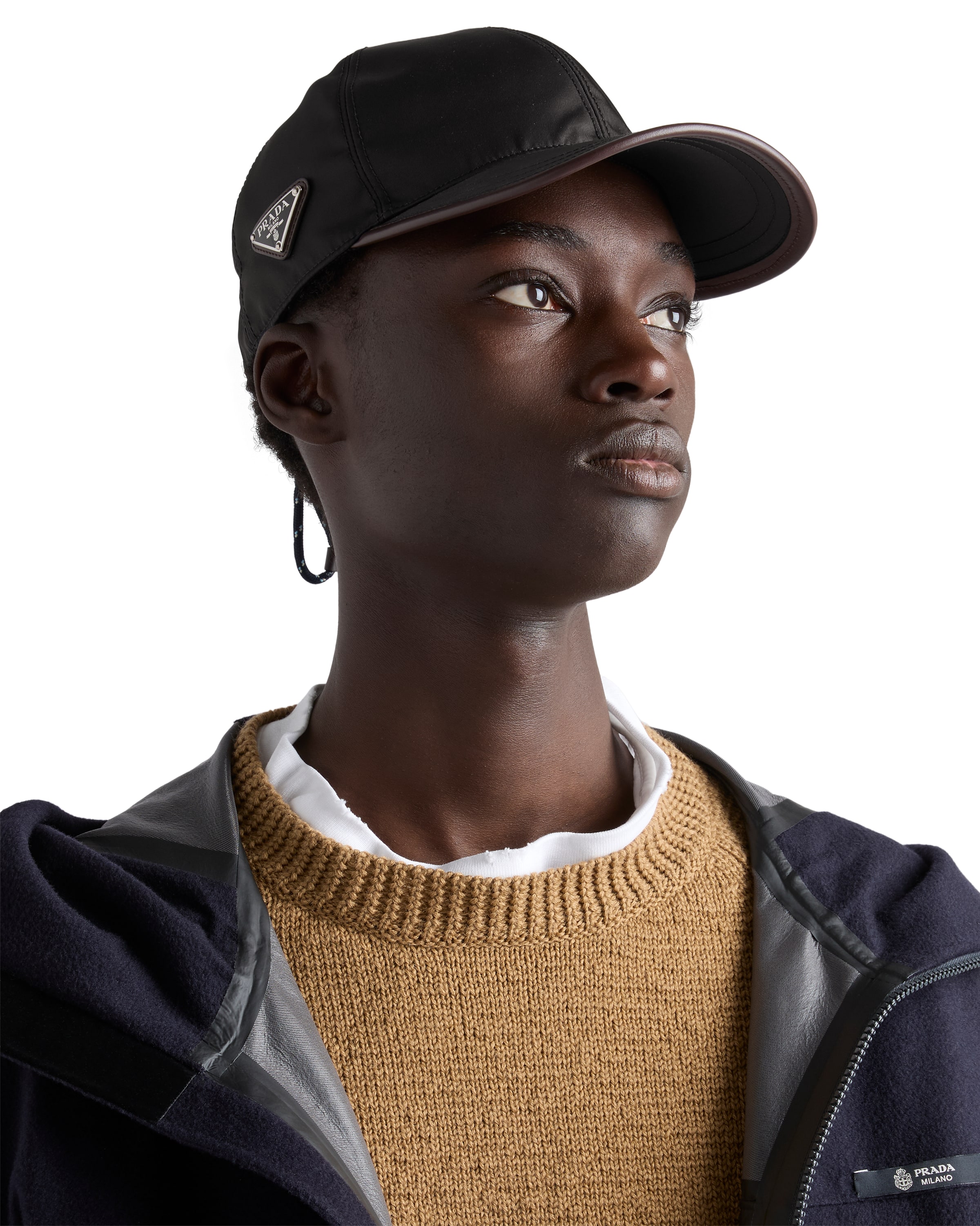 Prada Renylon Baseball Cap Curved Brim Design In Black