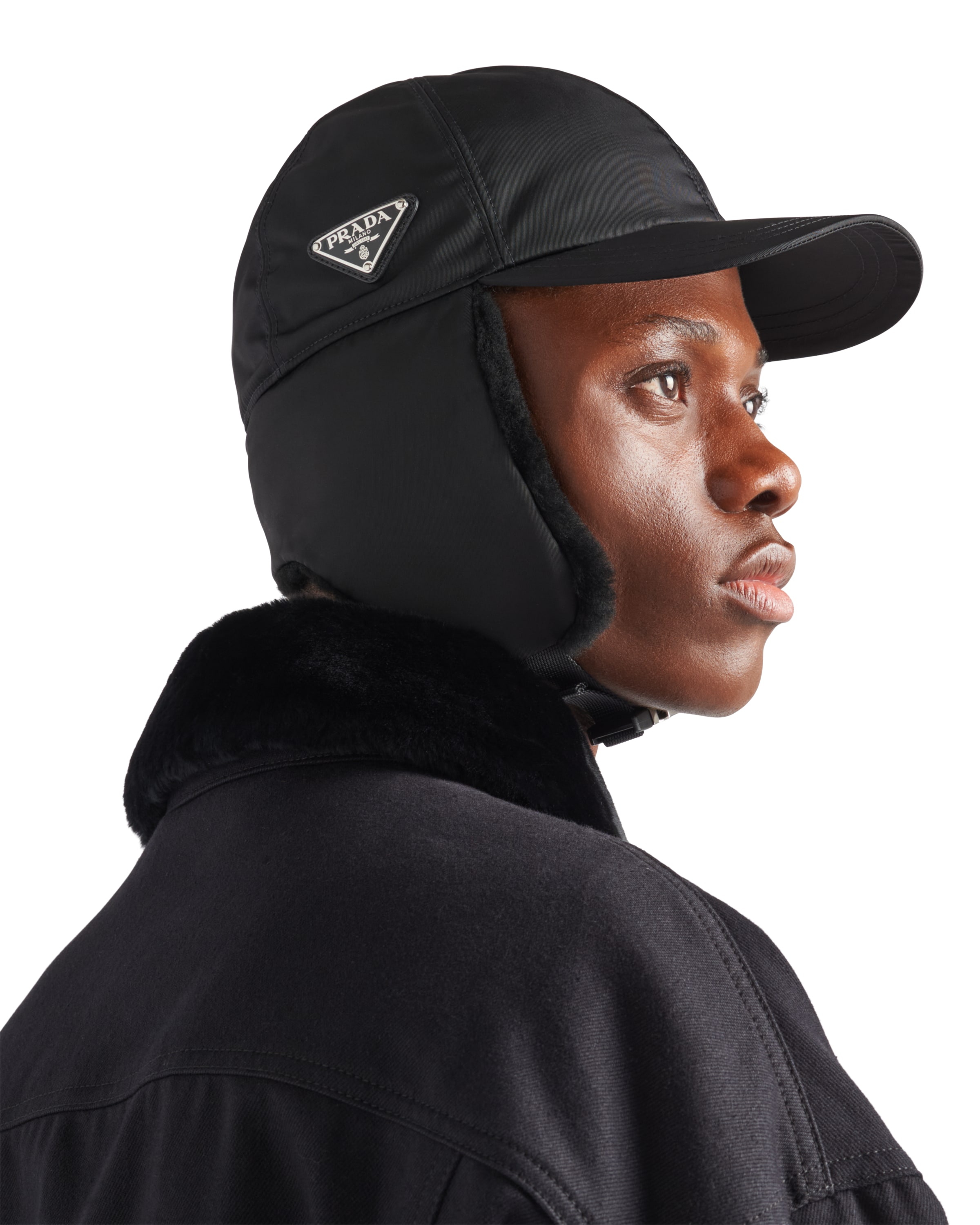 Prada Men's Re-nylon And Shearling Hat In Black