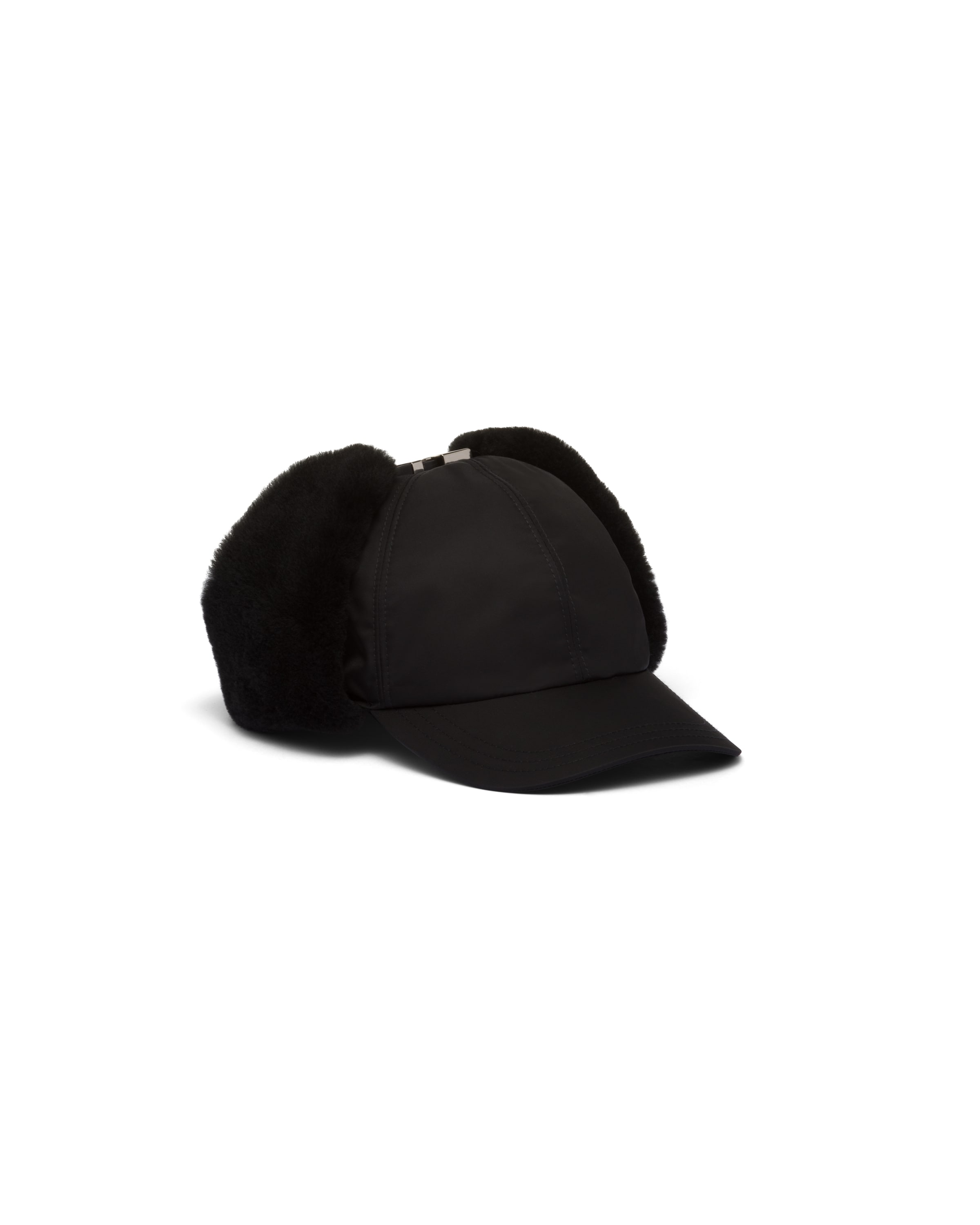 Prada Chapeau En Re-nylon Et Peau De Mouton, Homme, Noir, Taille M