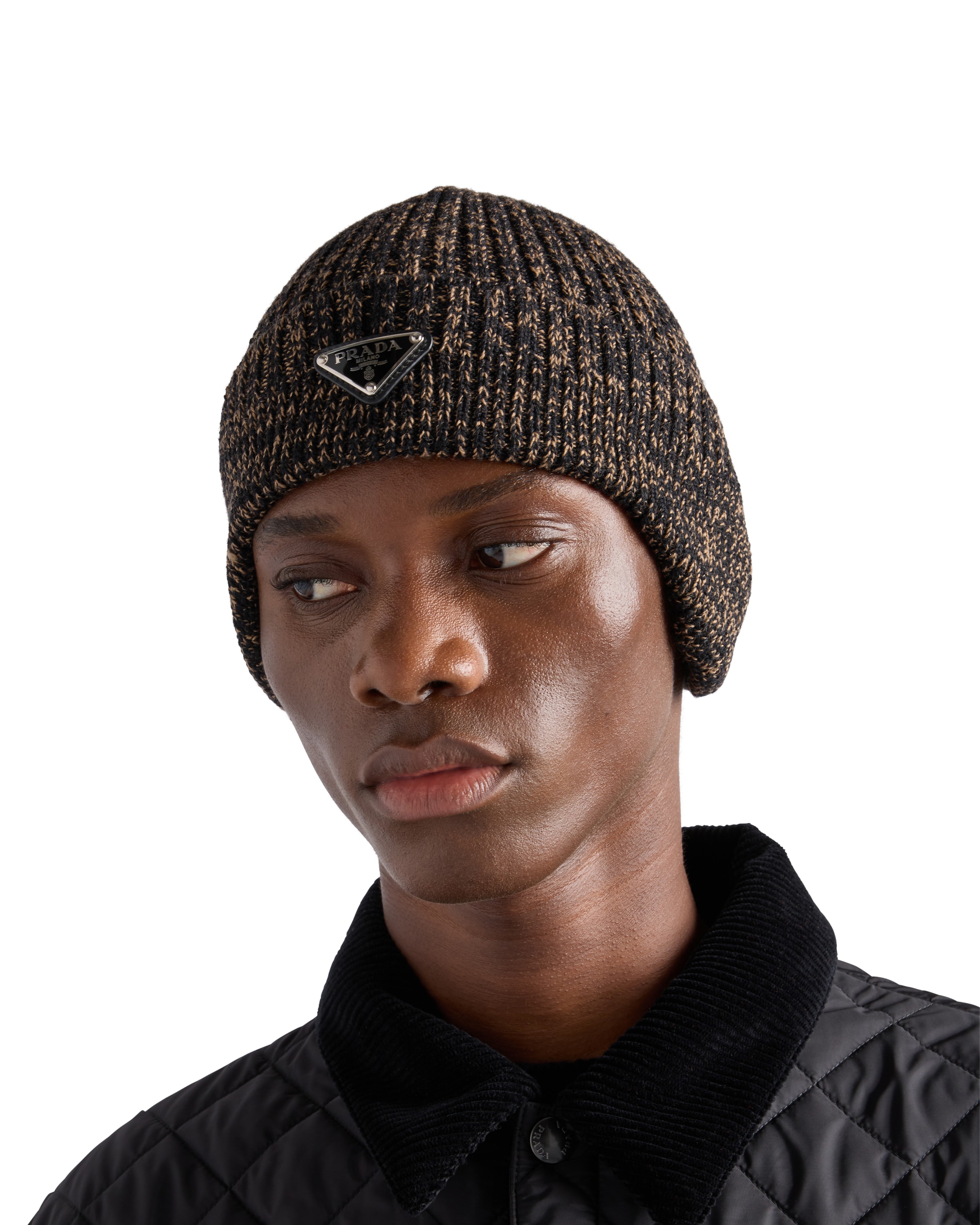 Prada Mélange Wool Beanie In Schwarz/kamel
