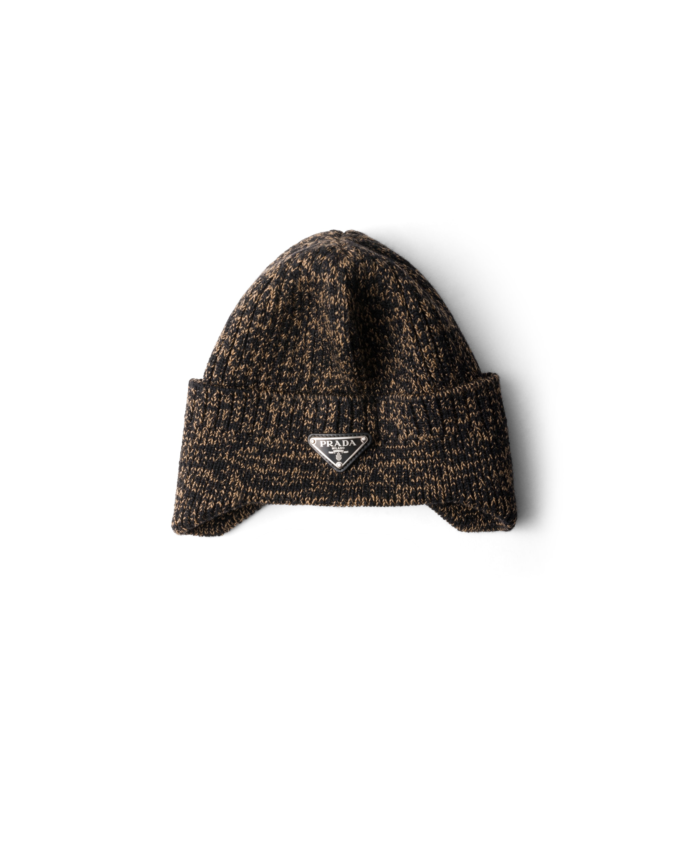 Prada Mélange Wool Beanie In Schwarz/kamel