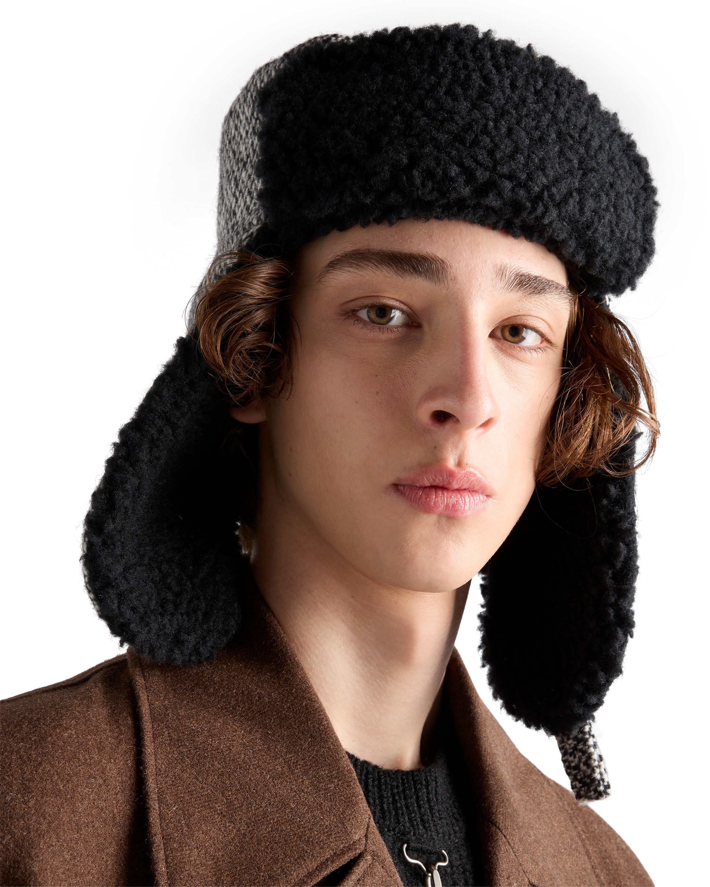 Prada Houndstooth Fleece-trapper Hat In Multi
