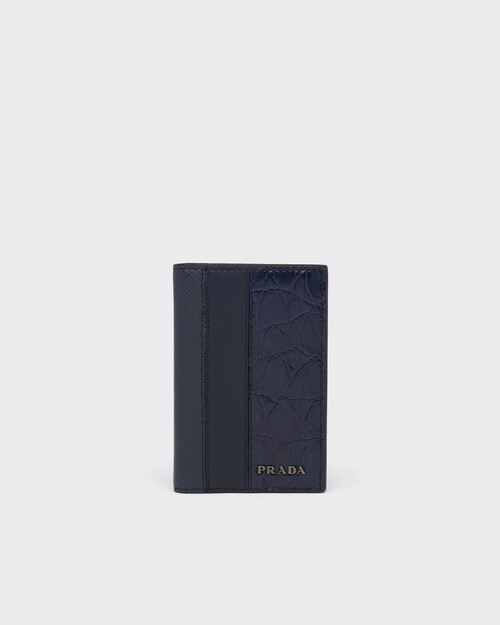 Baltic Blue Saffiano And Crocodile Leather Card Holder Prada