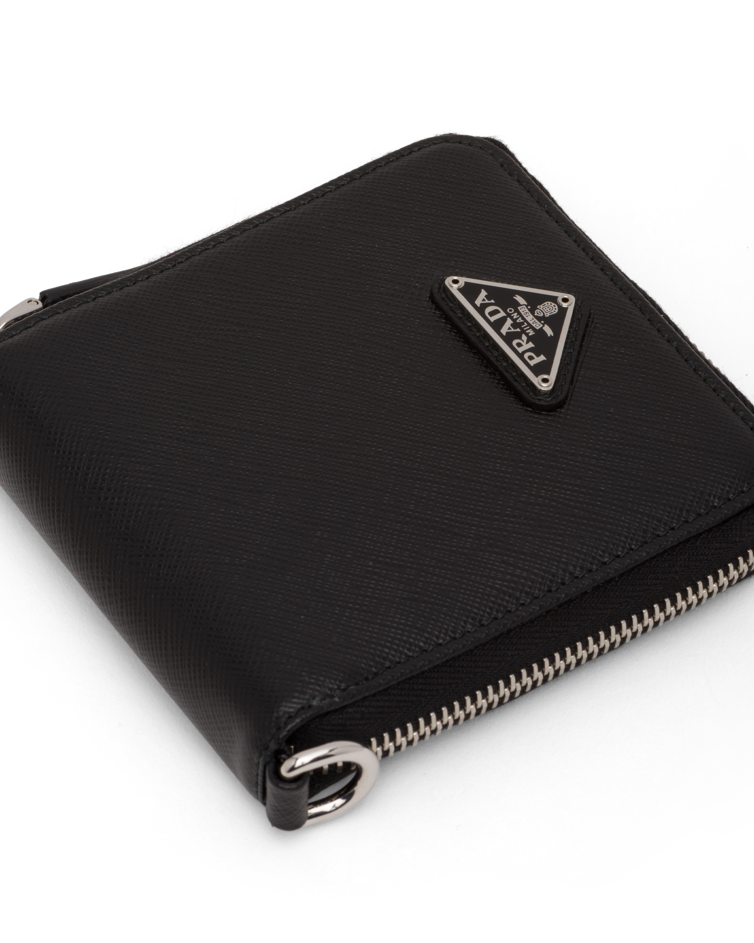Black Saffiano Leather Zip Around Wallet Prada