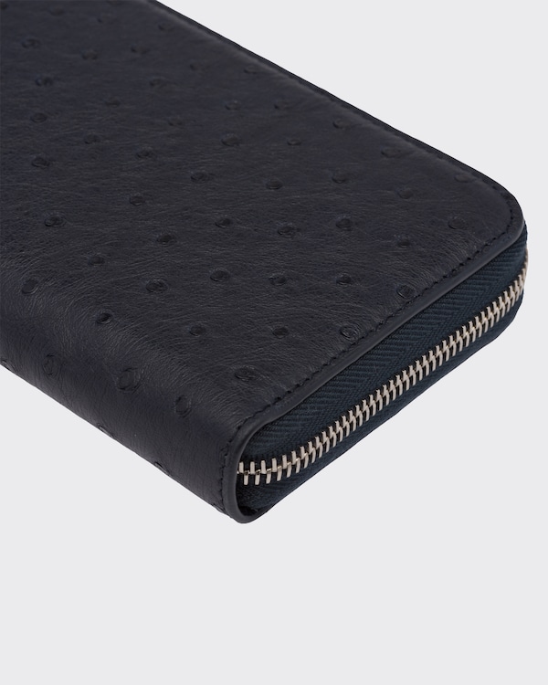 Ostrich Leather Zip Around Wallet - Navy Ostrich Leather Zip Around Wallet - Navy