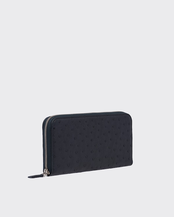 Ostrich Leather Zip Around Wallet - Navy Ostrich Leather Zip Around Wallet - Navy