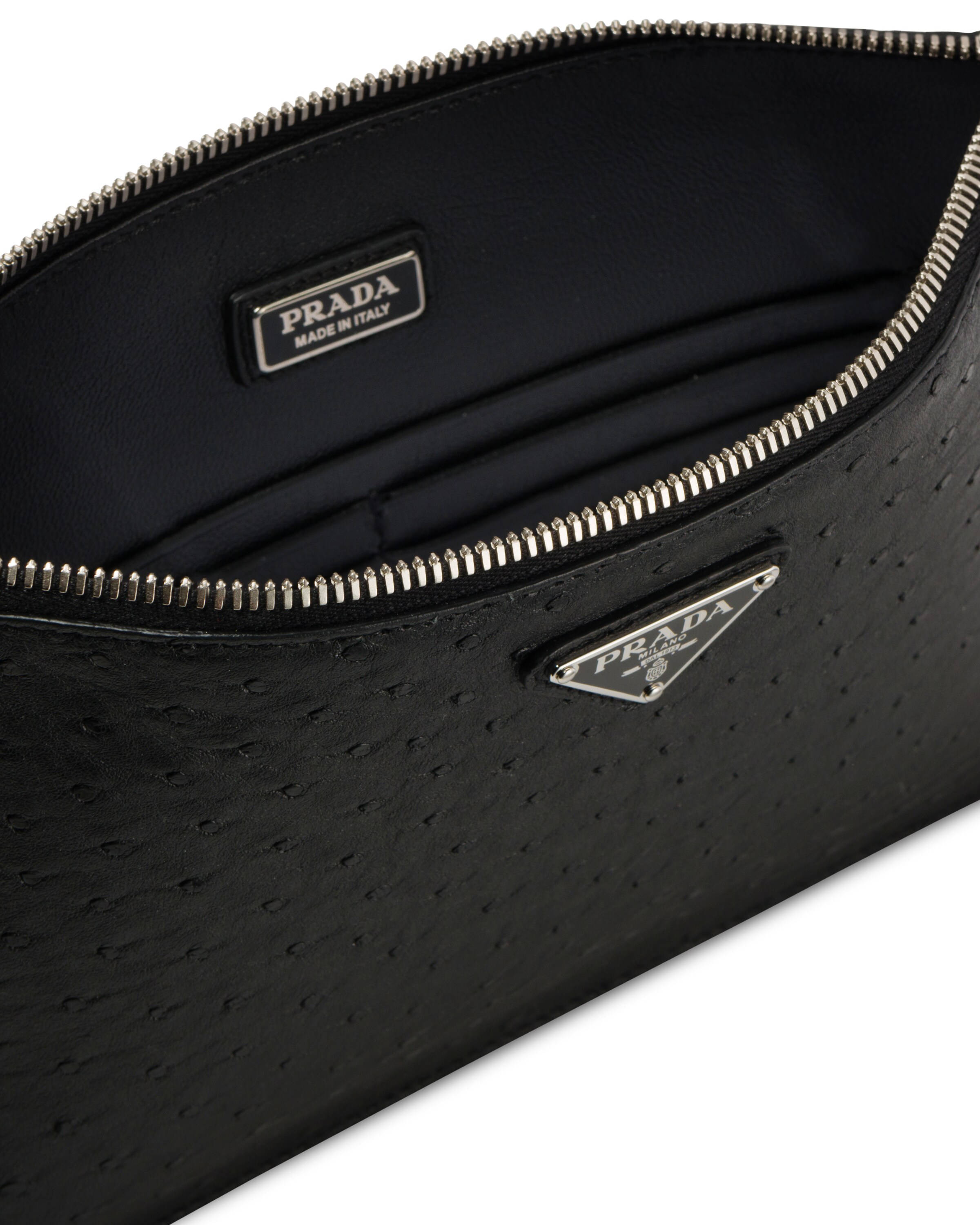 Black Ostrich Leather Pouch Prada