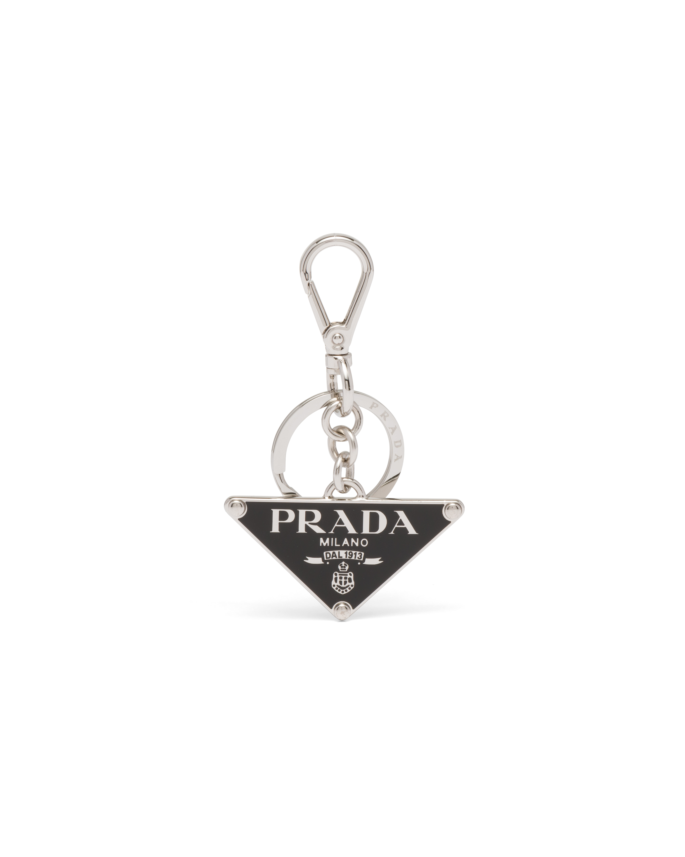 Prada Two-tone Leather And Metal Keychain In Black
