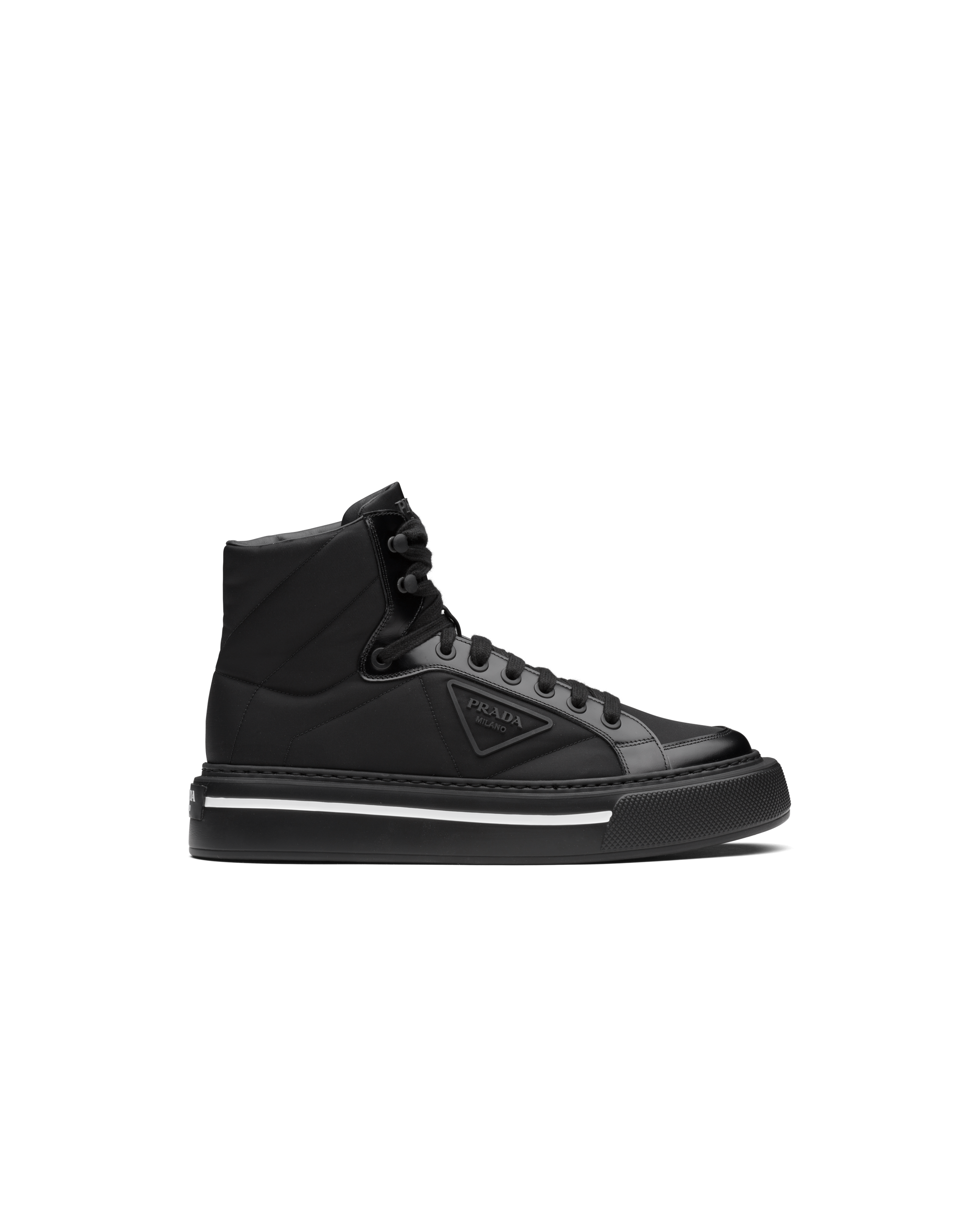 Black Prada Re-nylon And Leather High-top Sneakers | PRADA