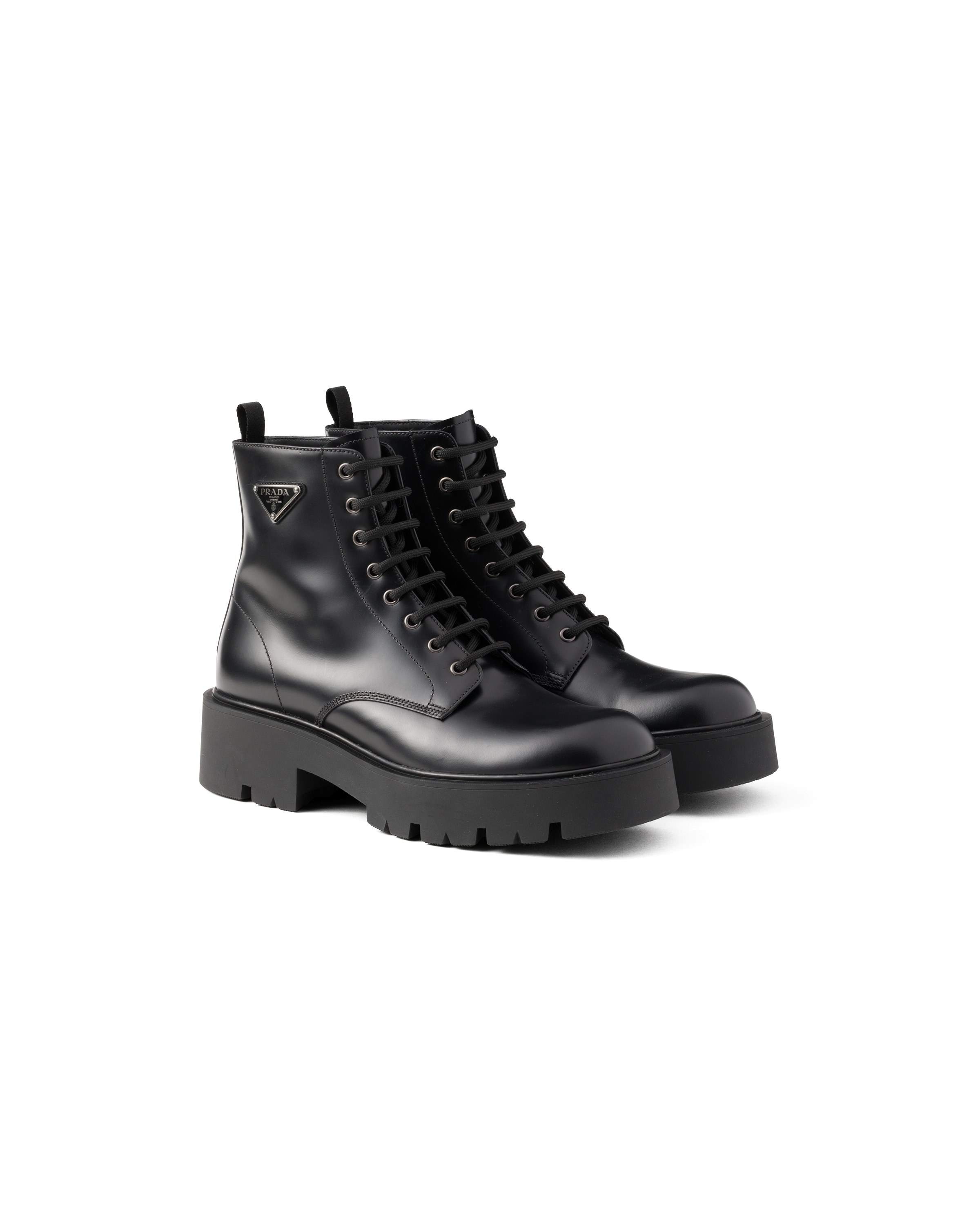 Prada Brushed Leather Combat Boots, Men, Black, Size 11