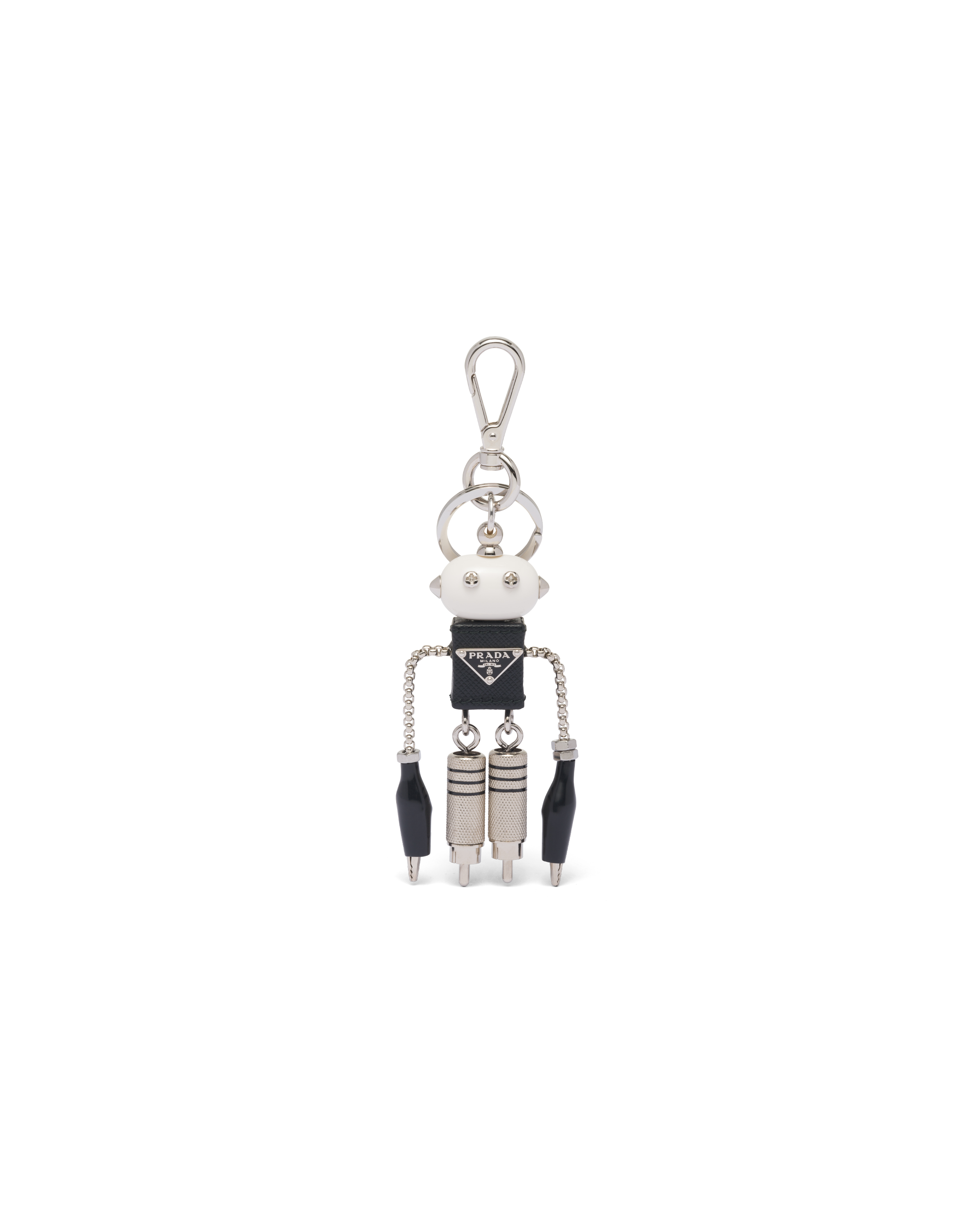 Shop Prada Saffiano Leather Robot Trick Keychain In Steel/black