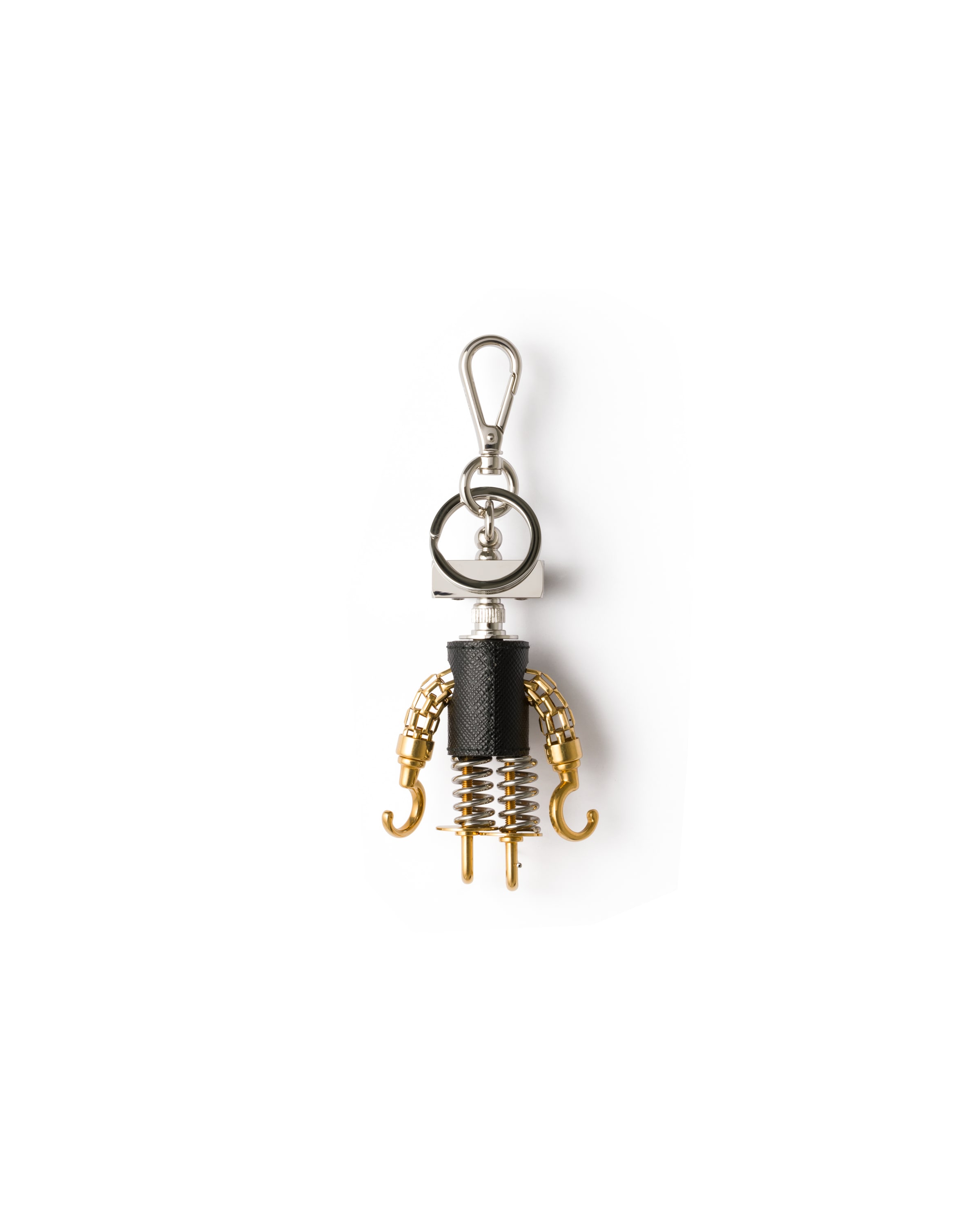 Prada Robot Saffiano Leather Keychain Charm In Stahl/schwarz