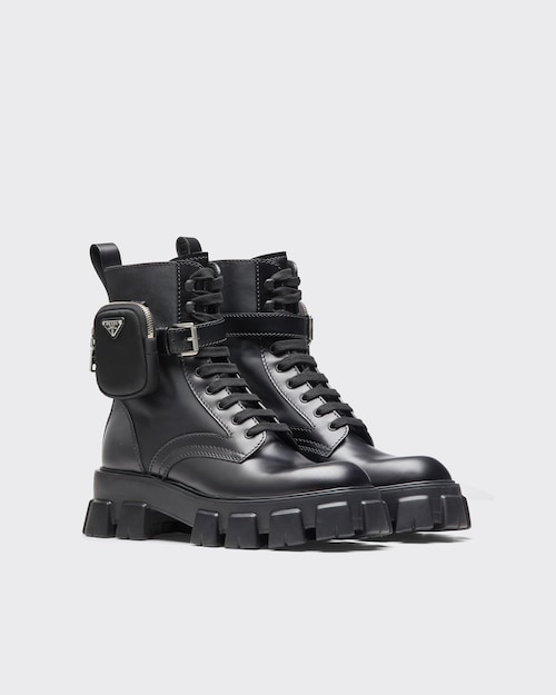 Black Monolith brushed leather and nylon boots | Prada