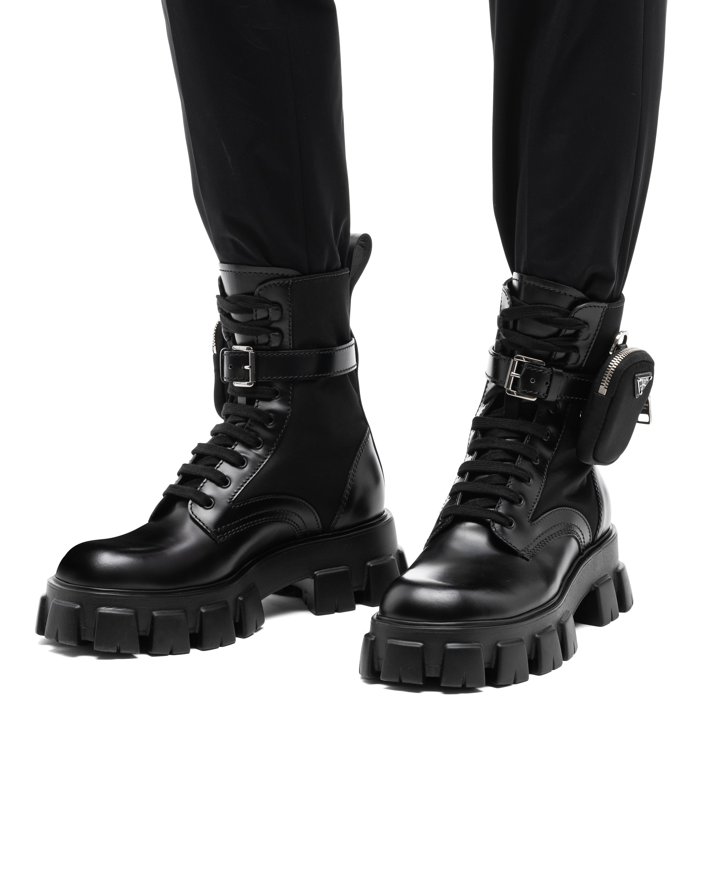 Prada Mens Black Monolith Pouch-embellished Leather And Recycled-nylon Ankle Boots In Black