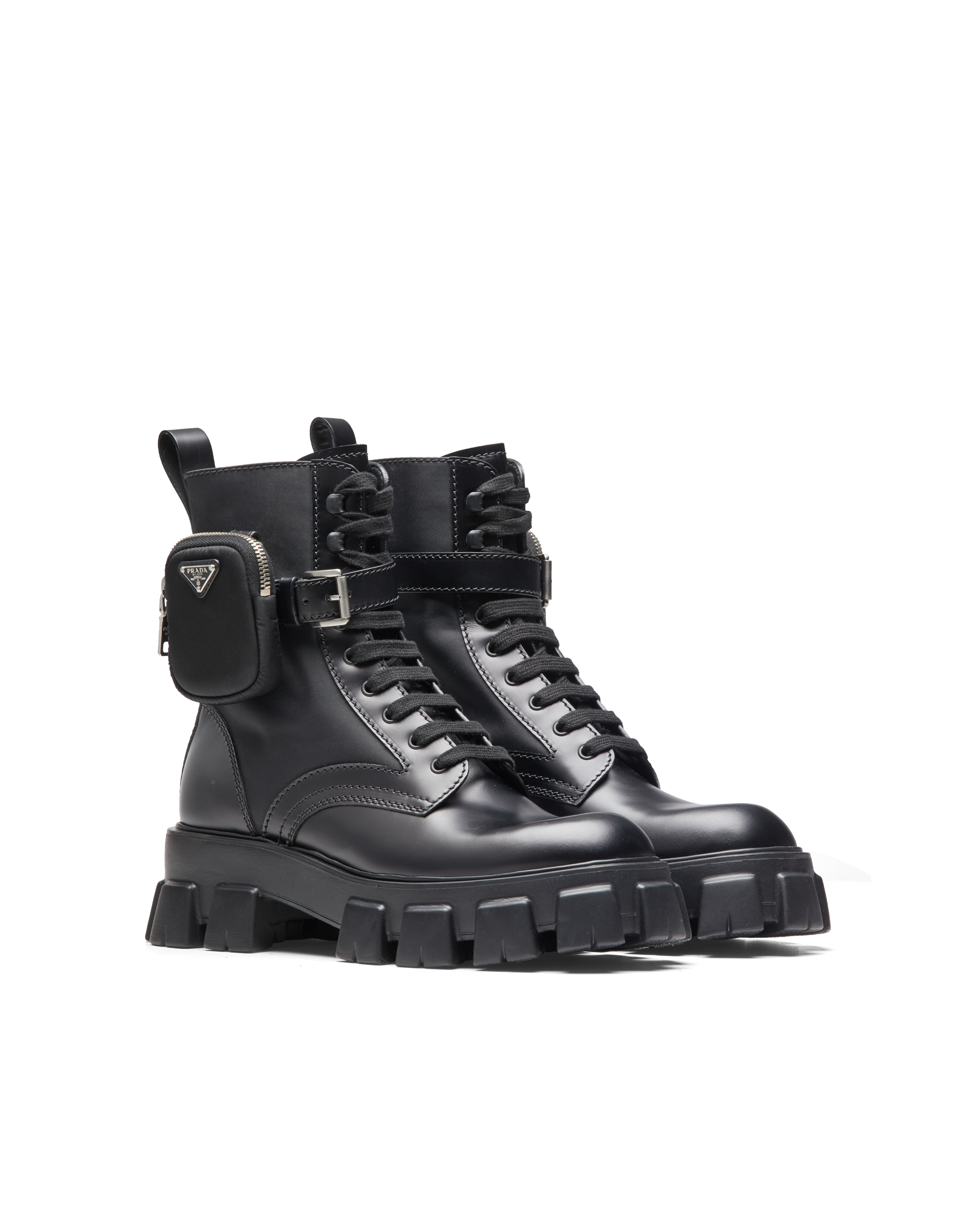 Black Monolith brushed leather and nylon combat boots | Prada