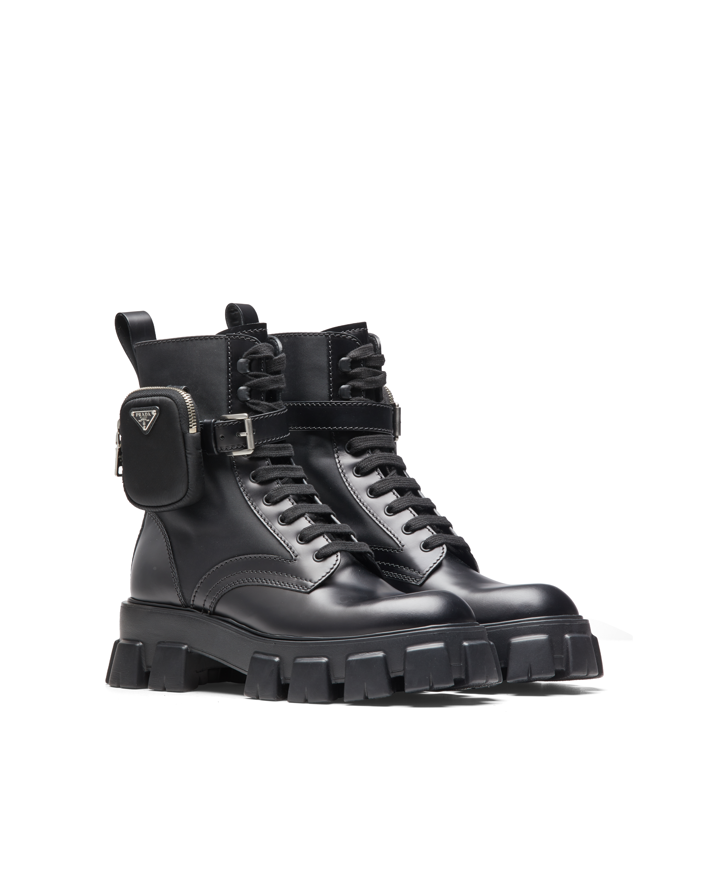 Prada Monolith Brushed Leather And Nylon Boots In Black