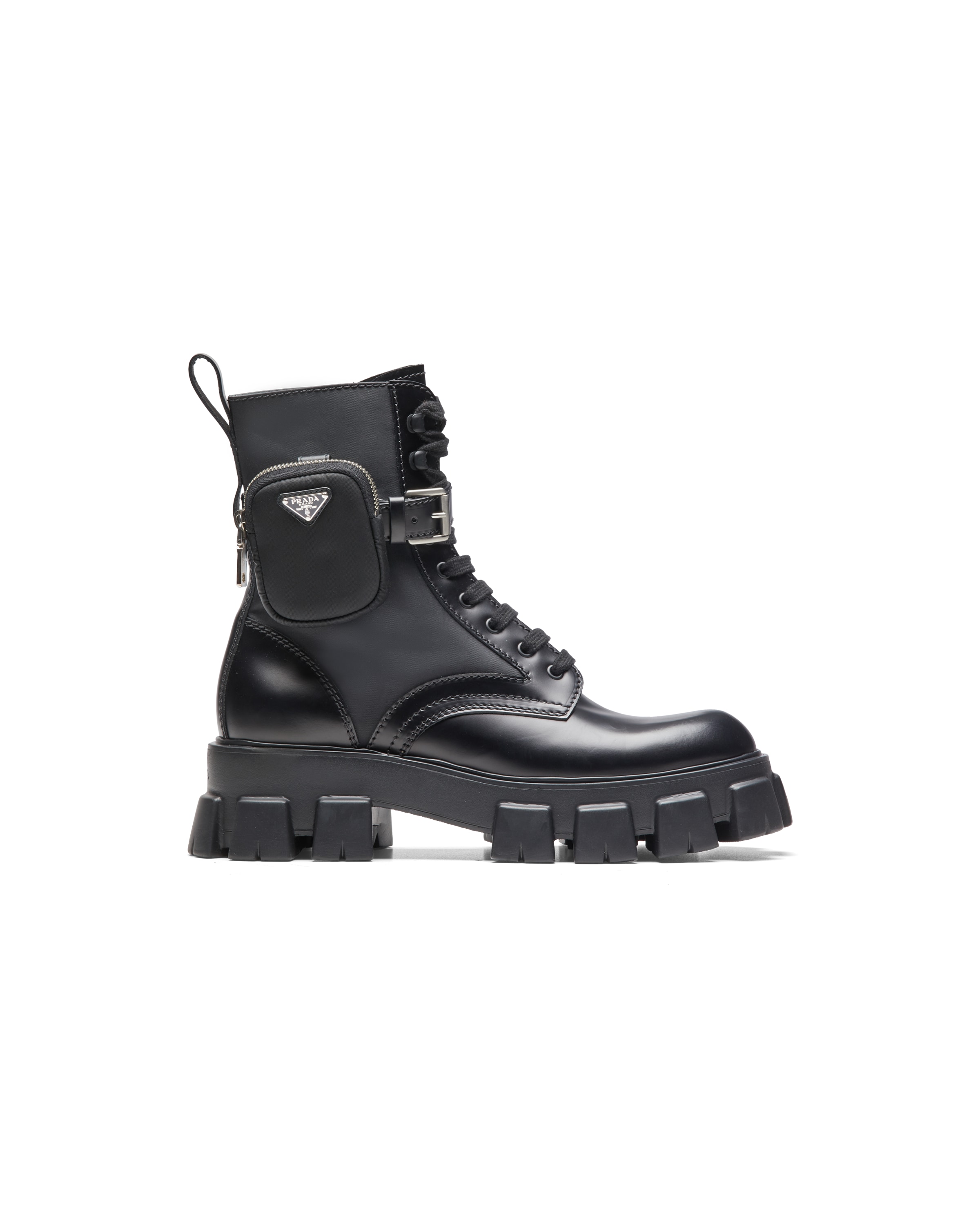Prada Mens Black Monolith Pouch-embellished Leather And Recycled-nylon Ankle Boots In Black
