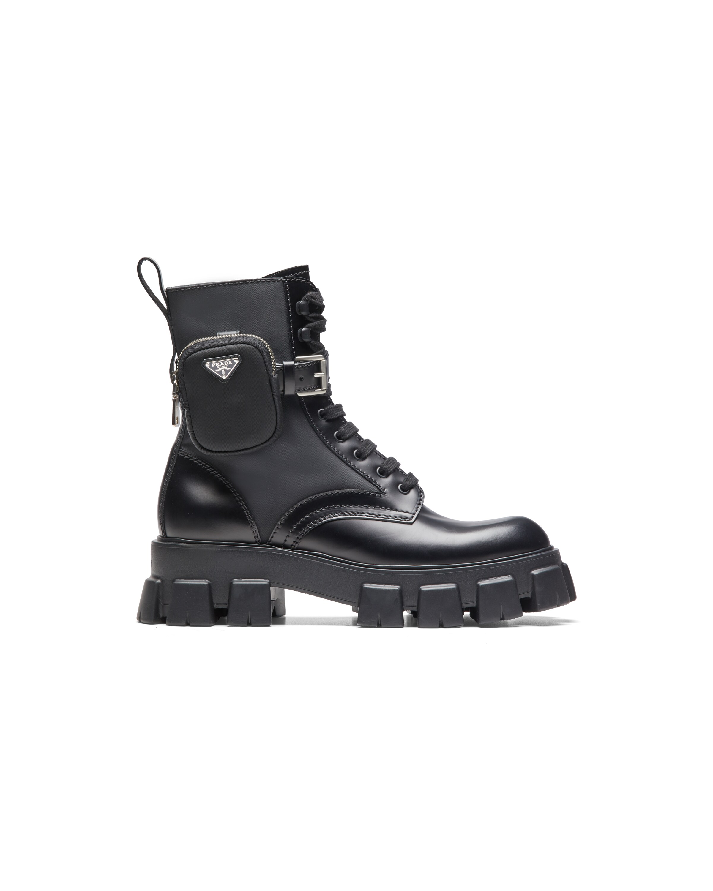 Black Monolith brushed leather and nylon combat boots | Prada