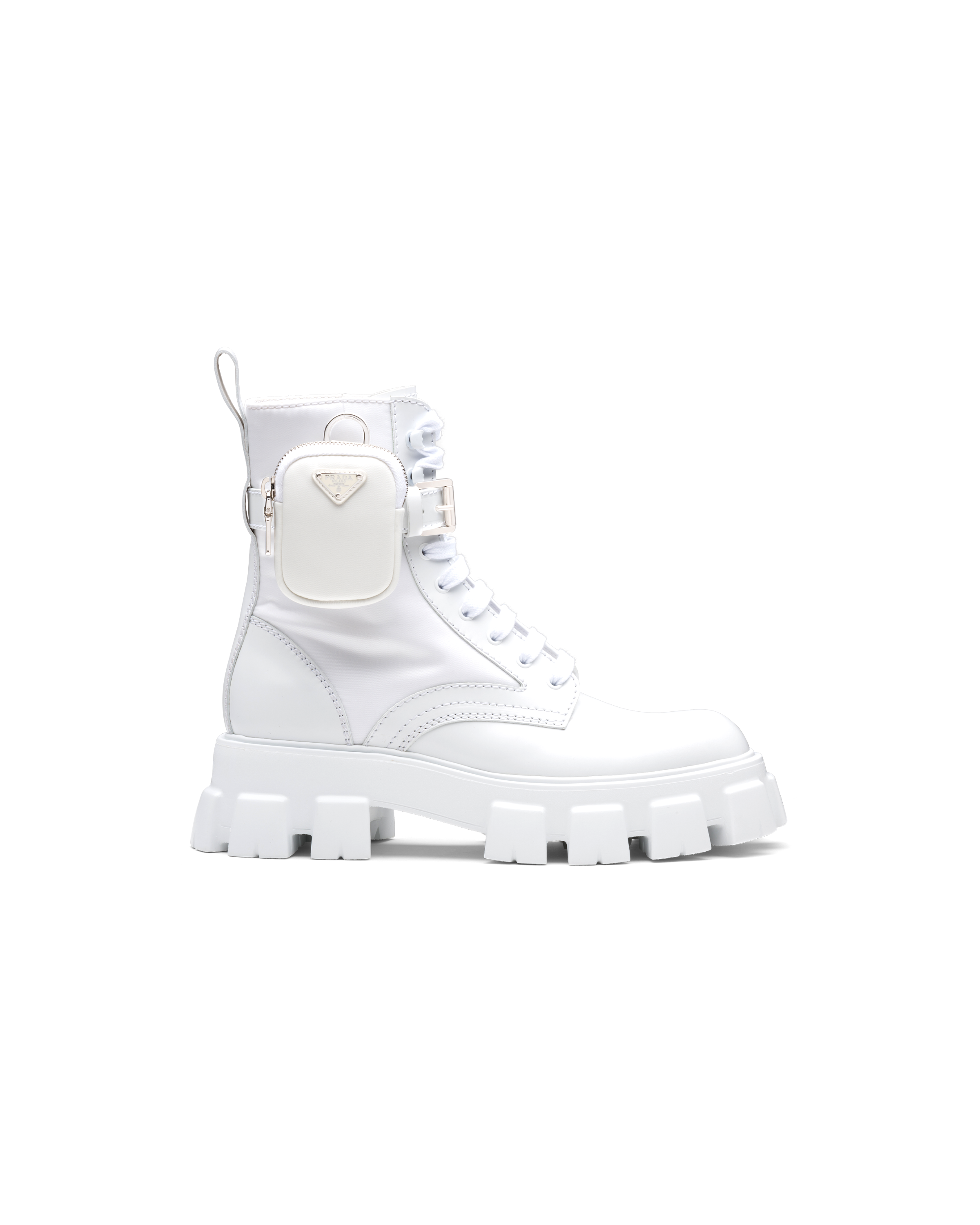 White Monolith brushed leather and nylon combat boots | Prada