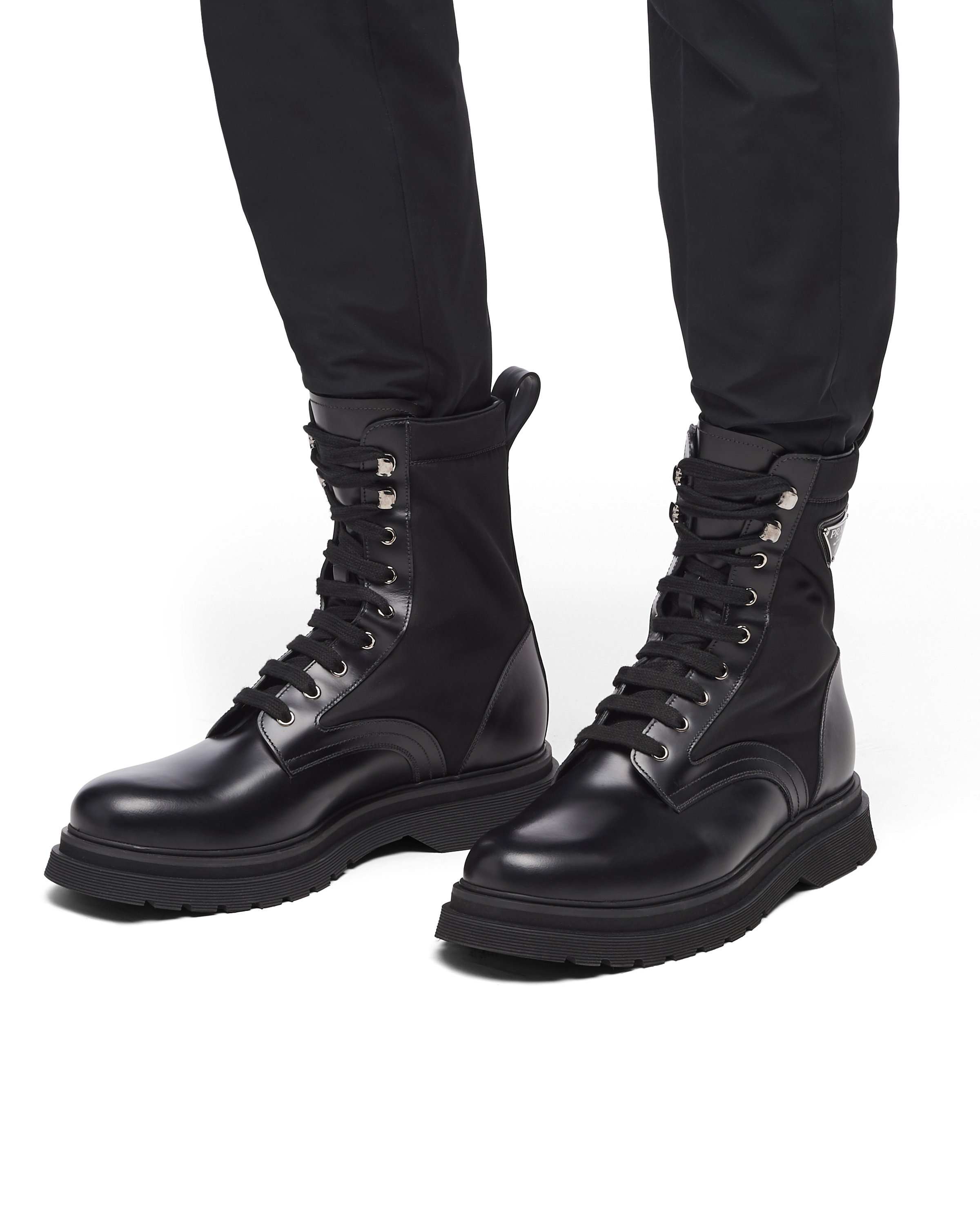 Black Brushed Rois Leather And Re nylon Booties PRADA
