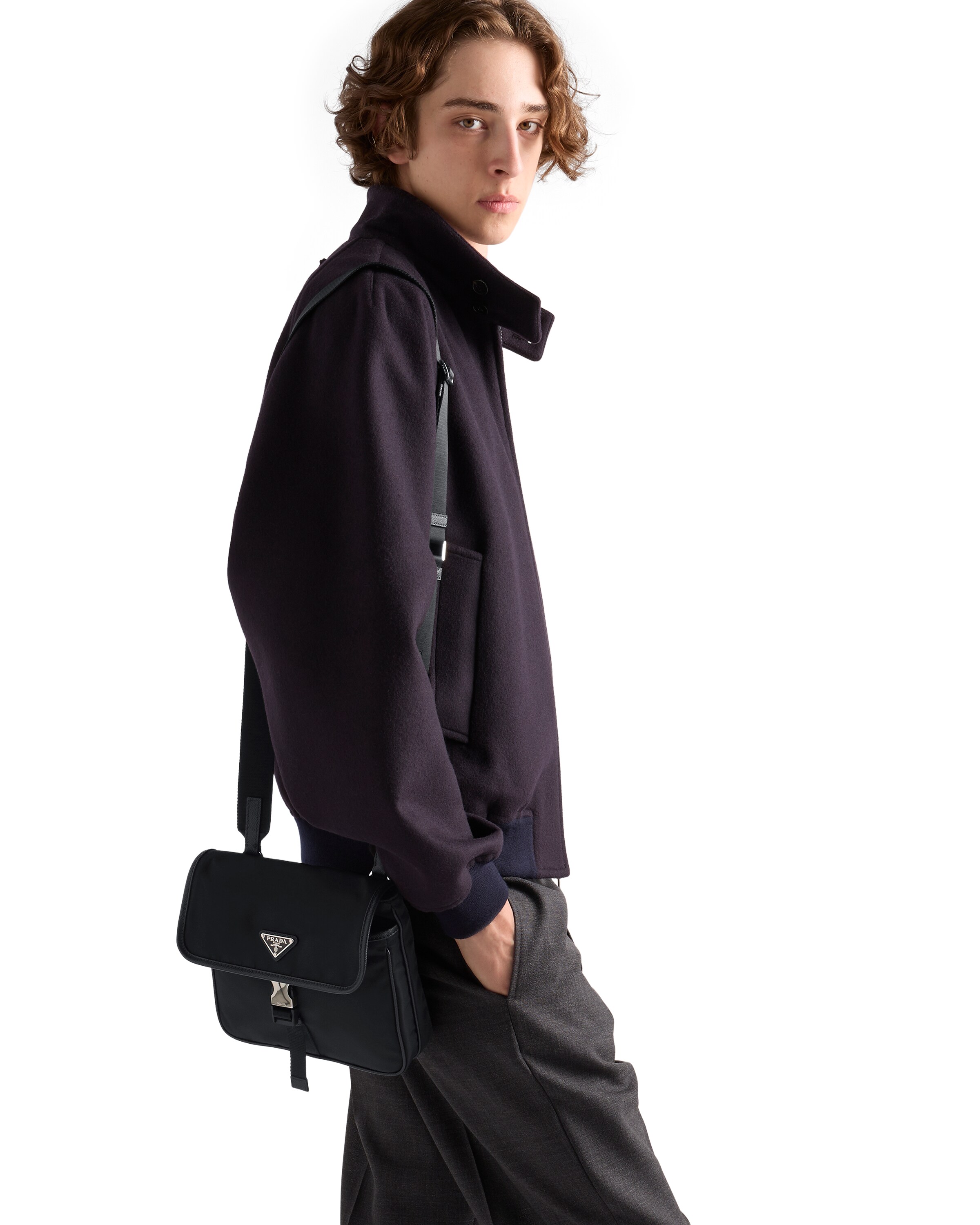Prada Fabric Leather Shoulder Bag Adjustable Strap Front Flap