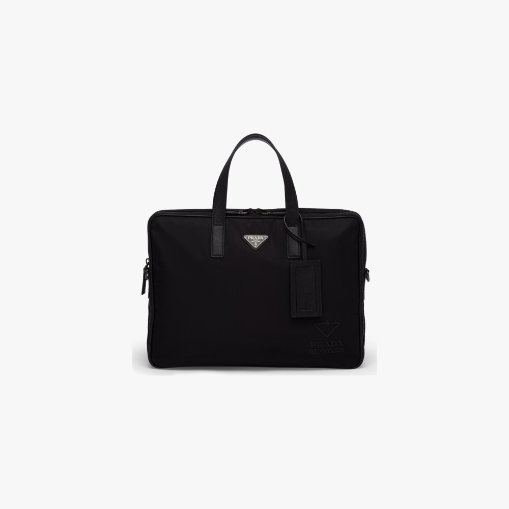 Black ReNylon and leather briefcase Prada