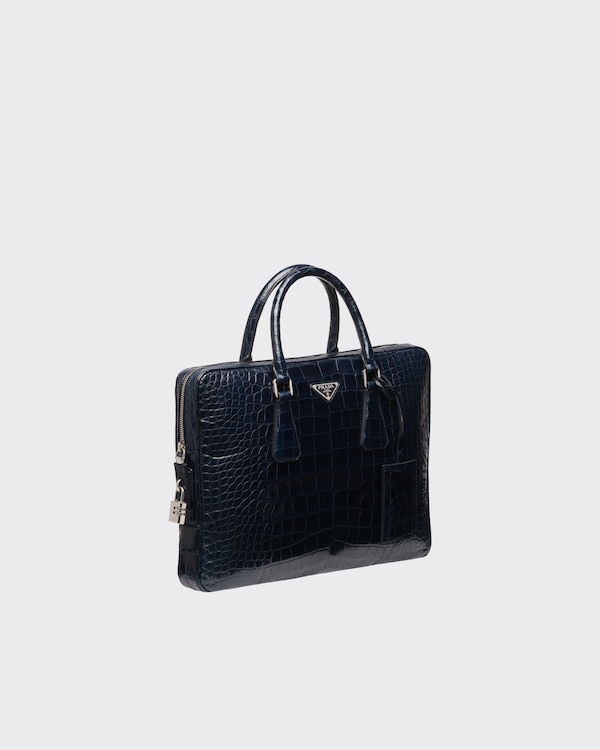 クロコダイルレザー ブリーフケース - ネイビー クロコダイルレザー ブリーフケース - ネイビー