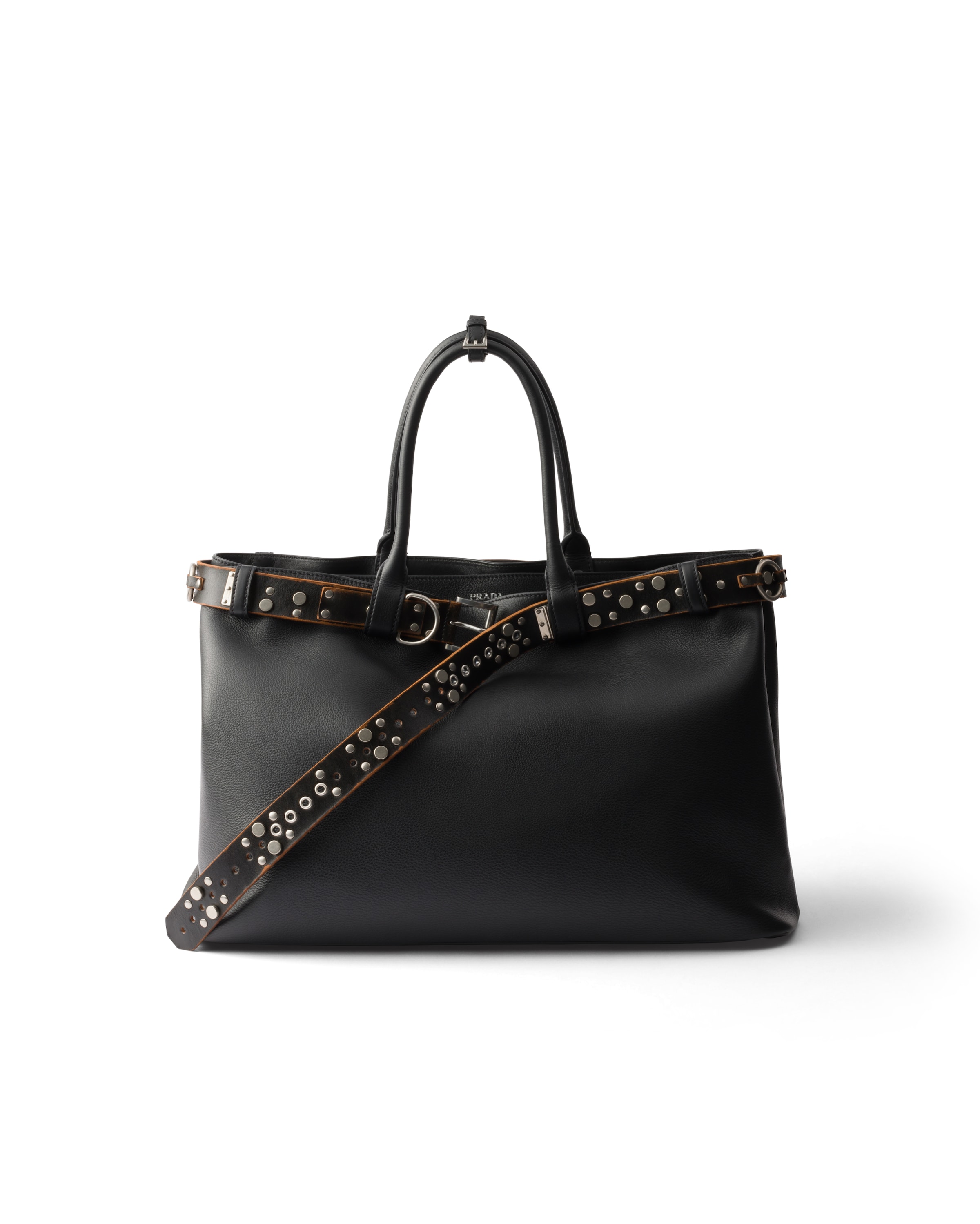 Prada Buckle Tasche Aus Leder Mit Nietenbesetztem Gürtel, Herren, Schwarz