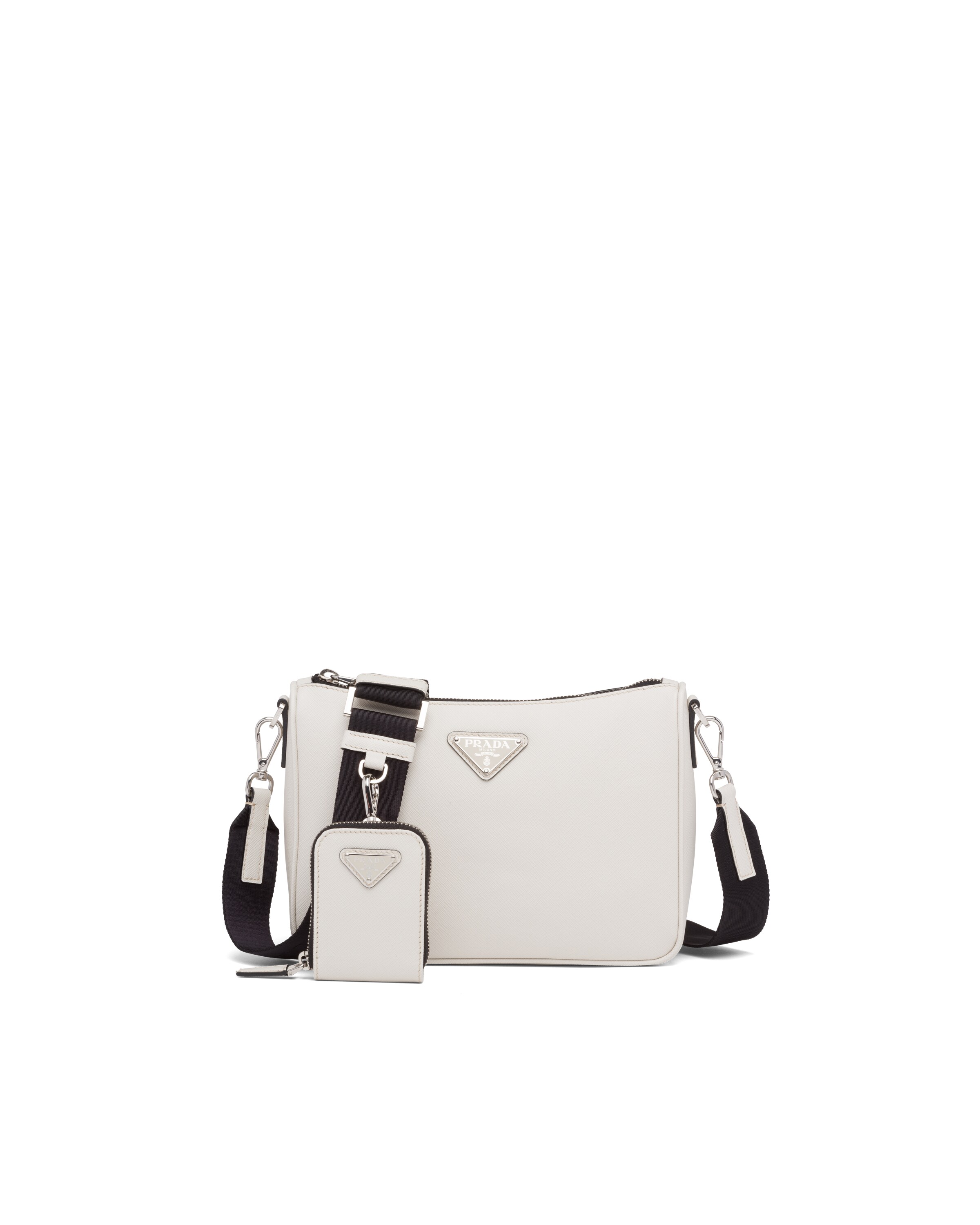 Chalk White/black Saffiano leather shoulder bag Prada
