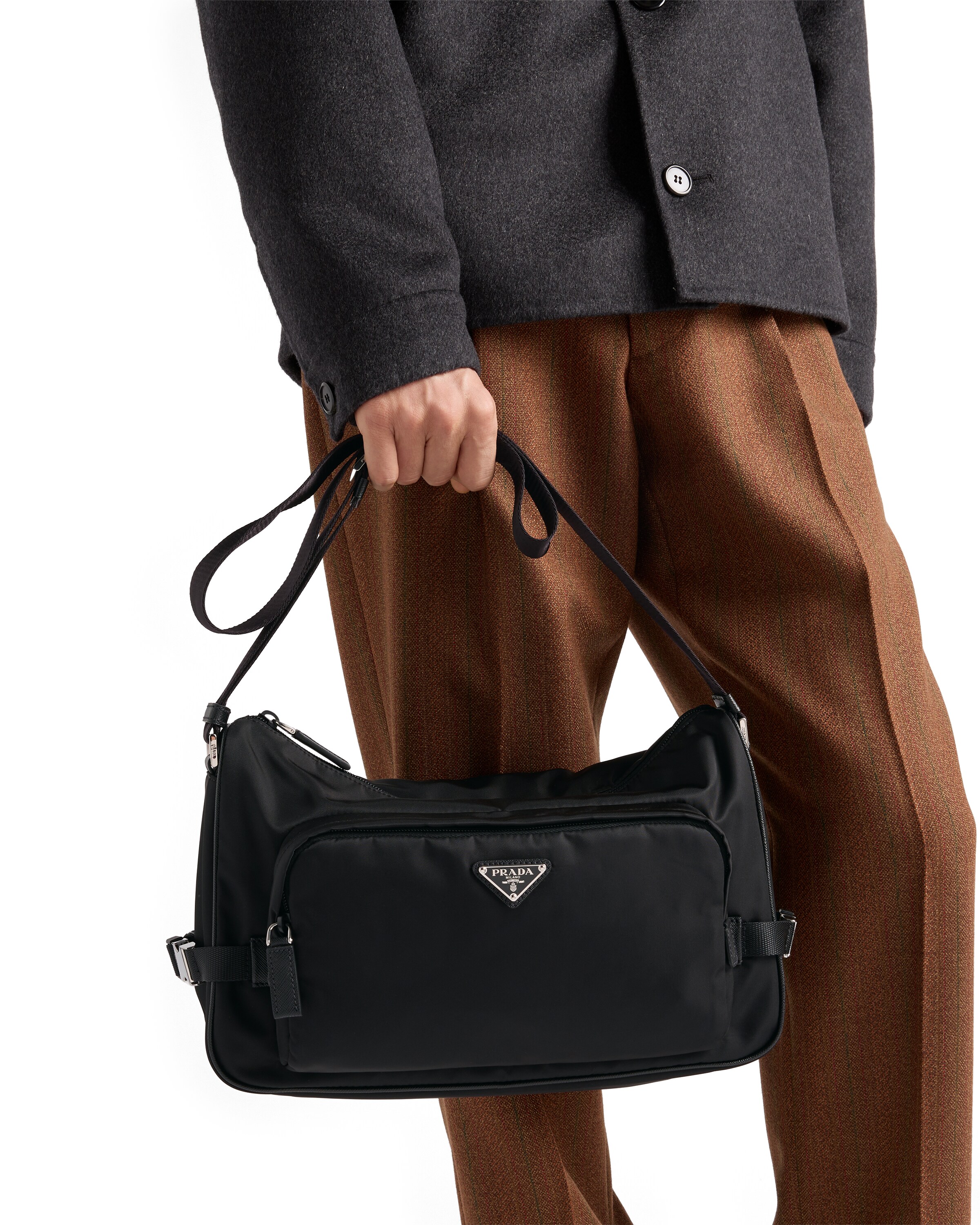 Prada Small Shoulder Bag With Adjustable Strap And Front Zip Pocket In Black