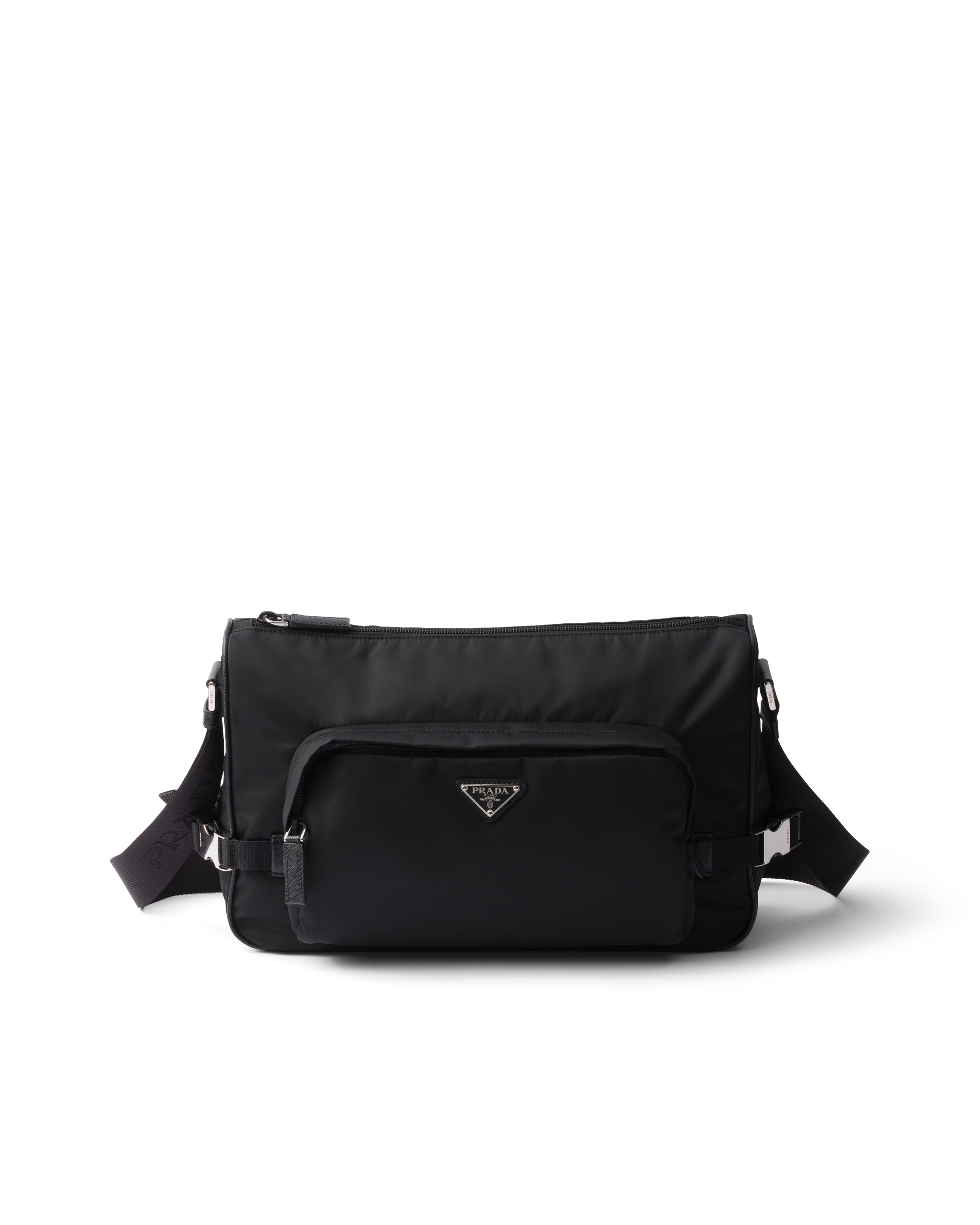 Prada Small Shoulder Bag With Adjustable Strap And Front Zip Pocket In Black