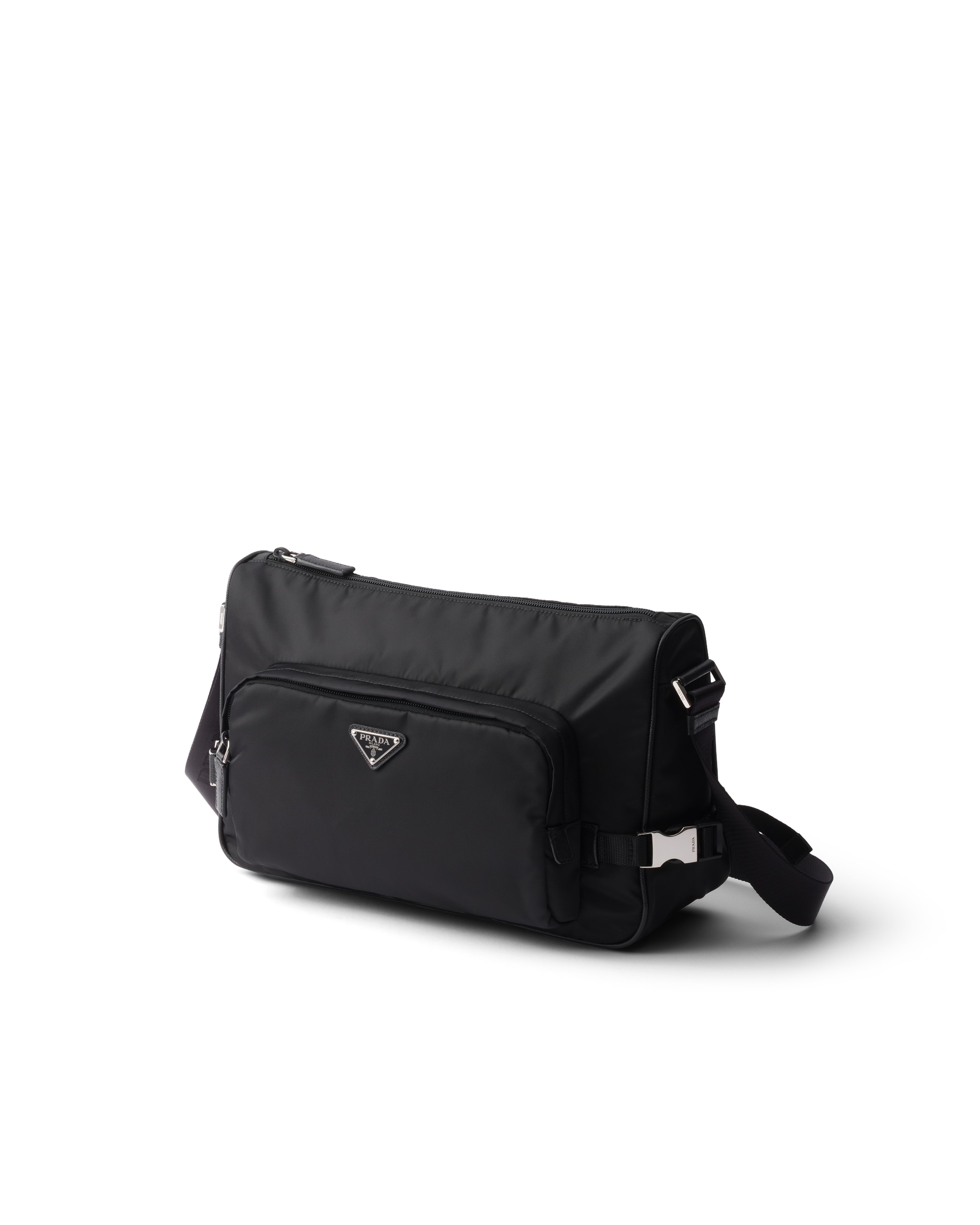 Prada Small Shoulder Bag With Adjustable Strap And Front Zip Pocket In Black