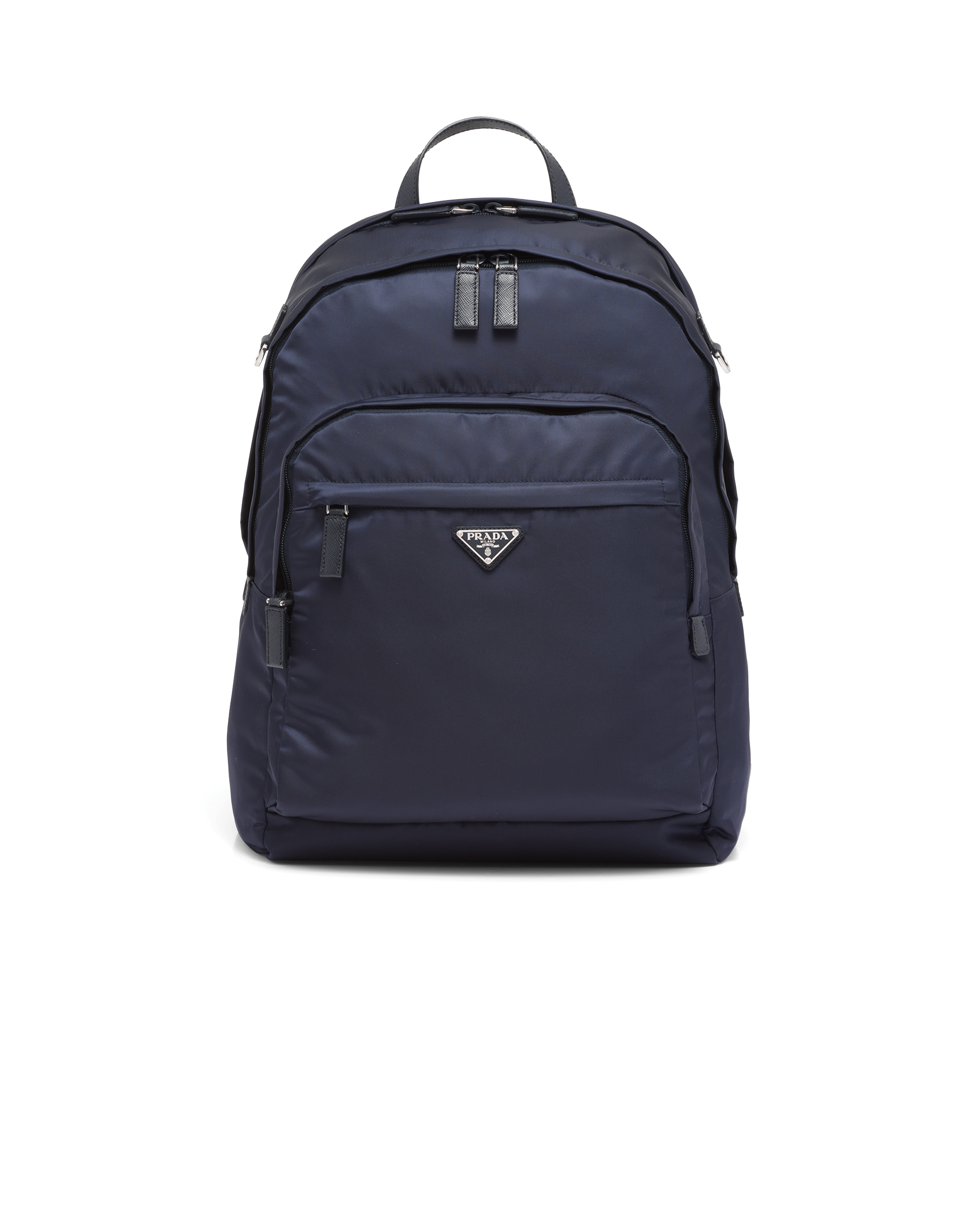 Prada Structured Leather Backpack With Logo Zipper Closure In Navy