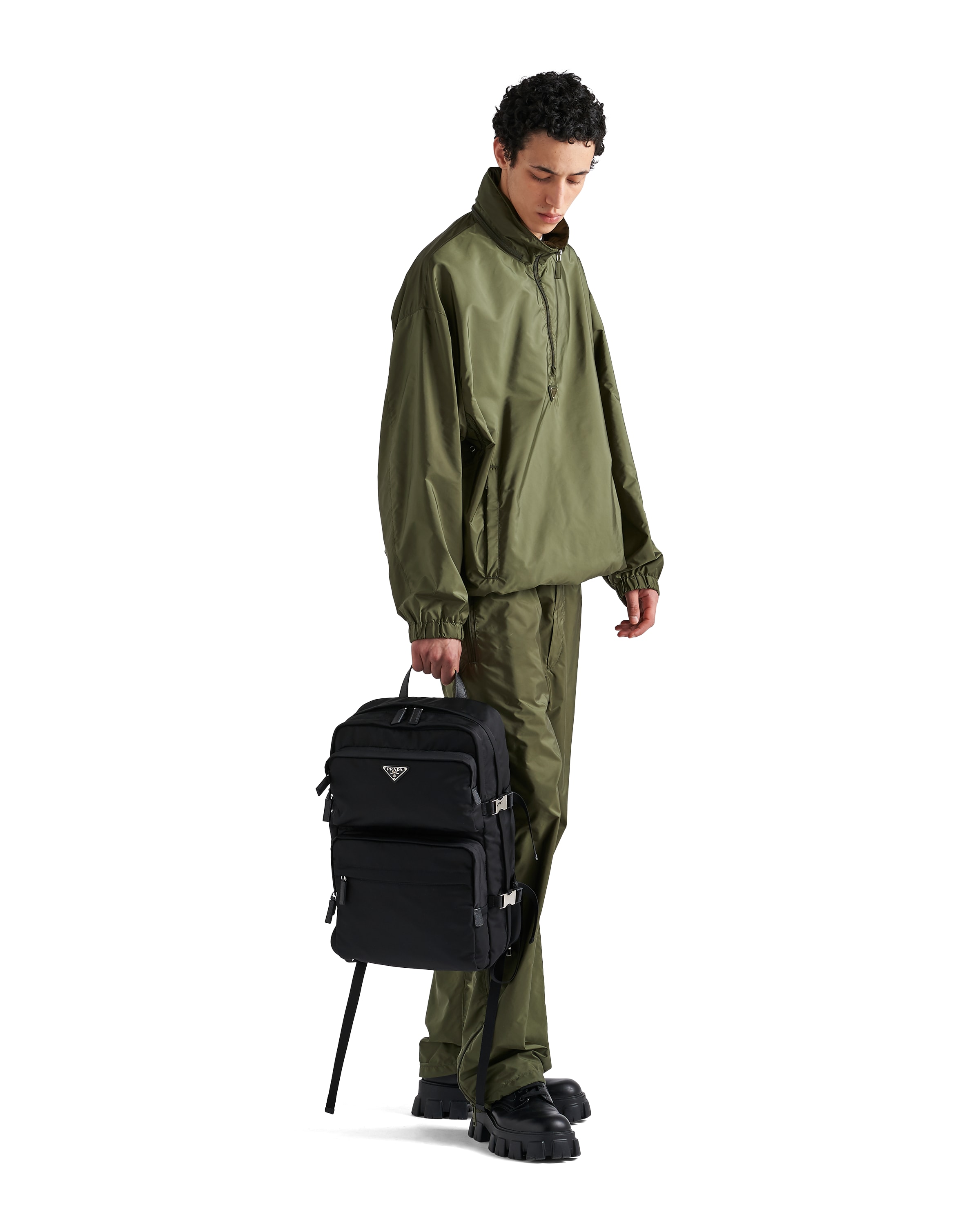 Prada Nylon Backpack With Top Handle And Front Zip In Black