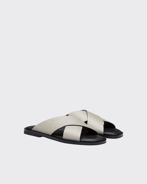 Chalk White Saffiano Cuir Leather Sandals | Prada