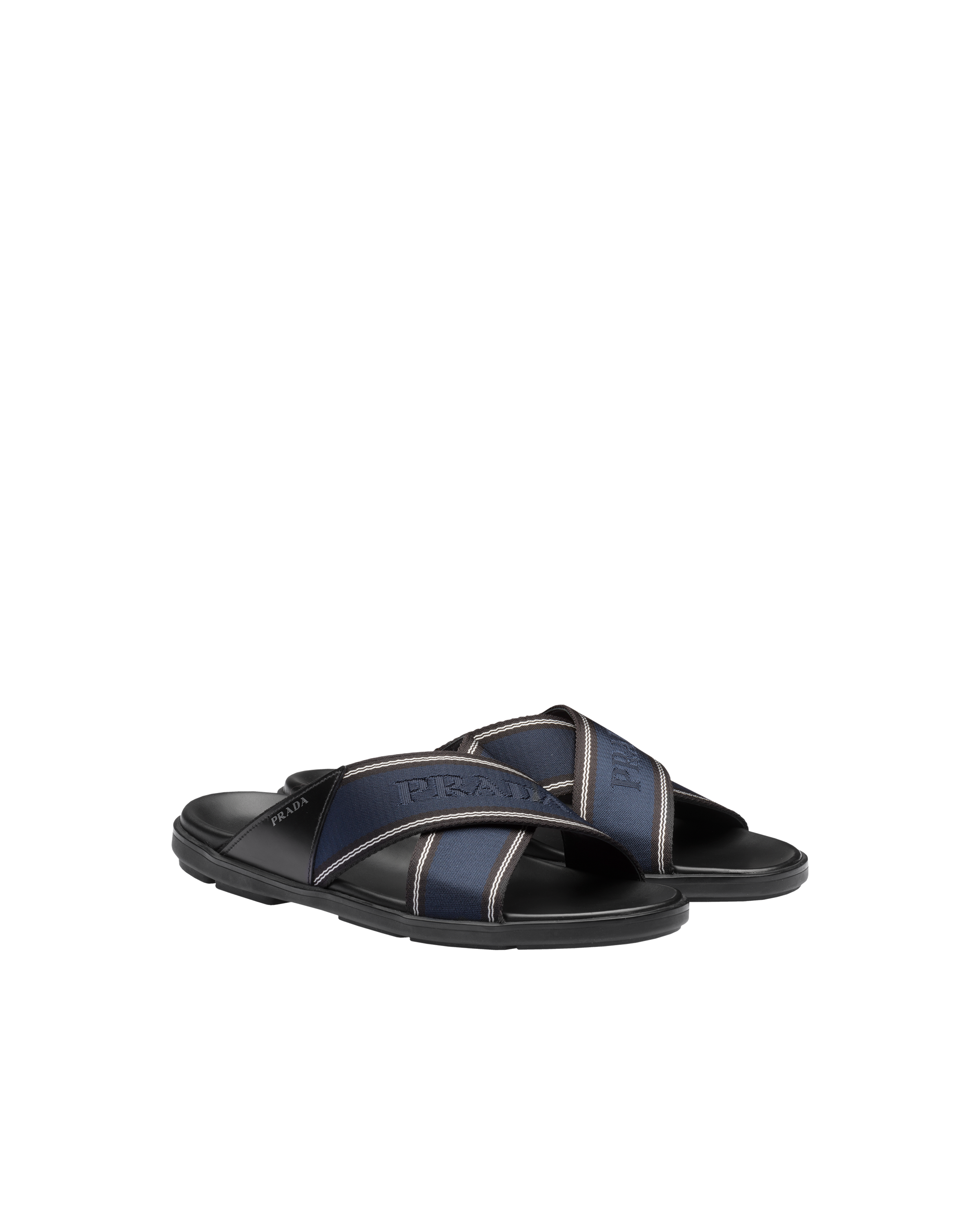 Prada‎ Nastro Black Canvas and Leather Tape Men\'s Sandal, 10.5 - - 2x3055 Prada Nylon Tape Crisscross Slides Black Leather (Men main image 3