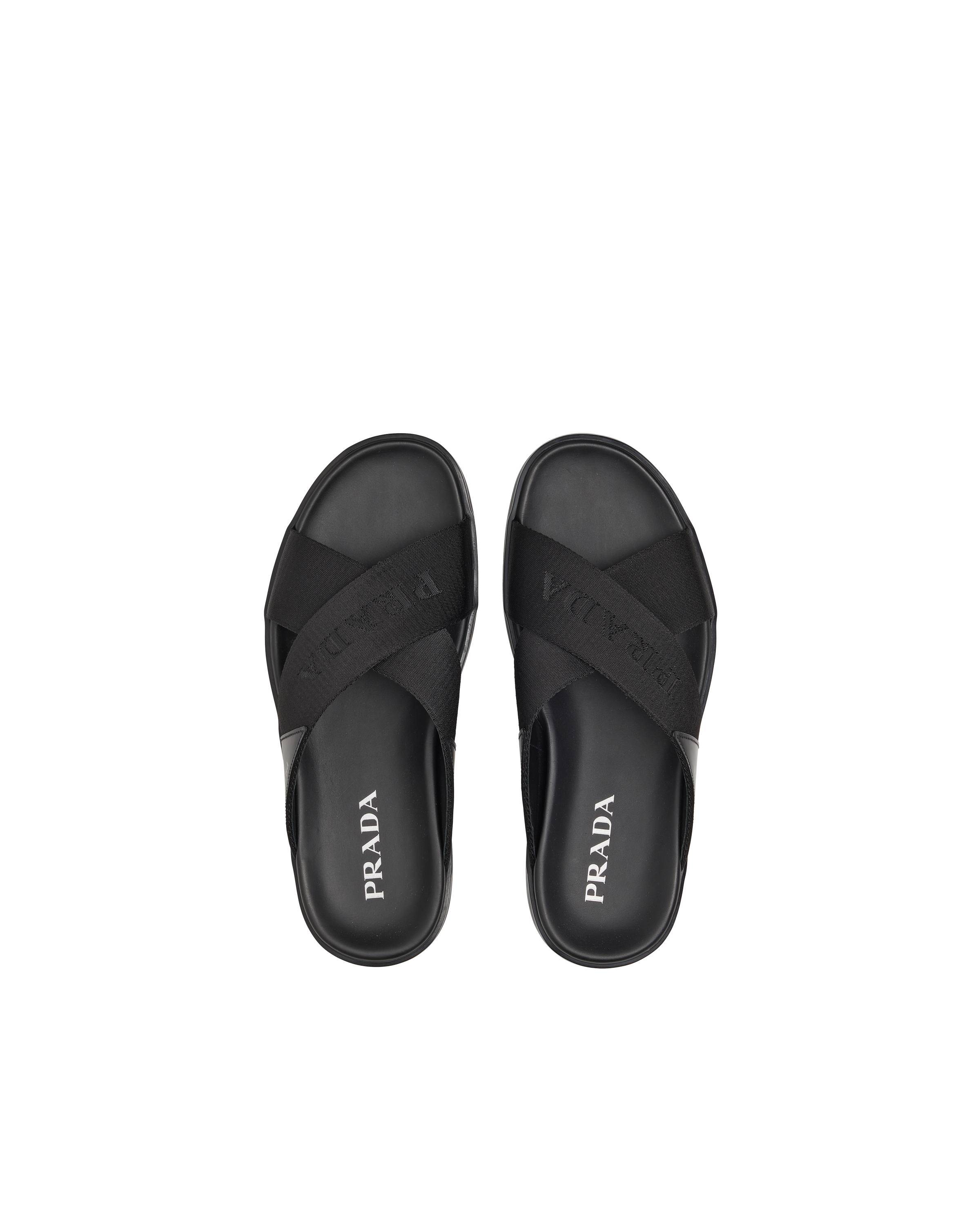 Black Brushed leather and nylon tape crisscross slides | Prada