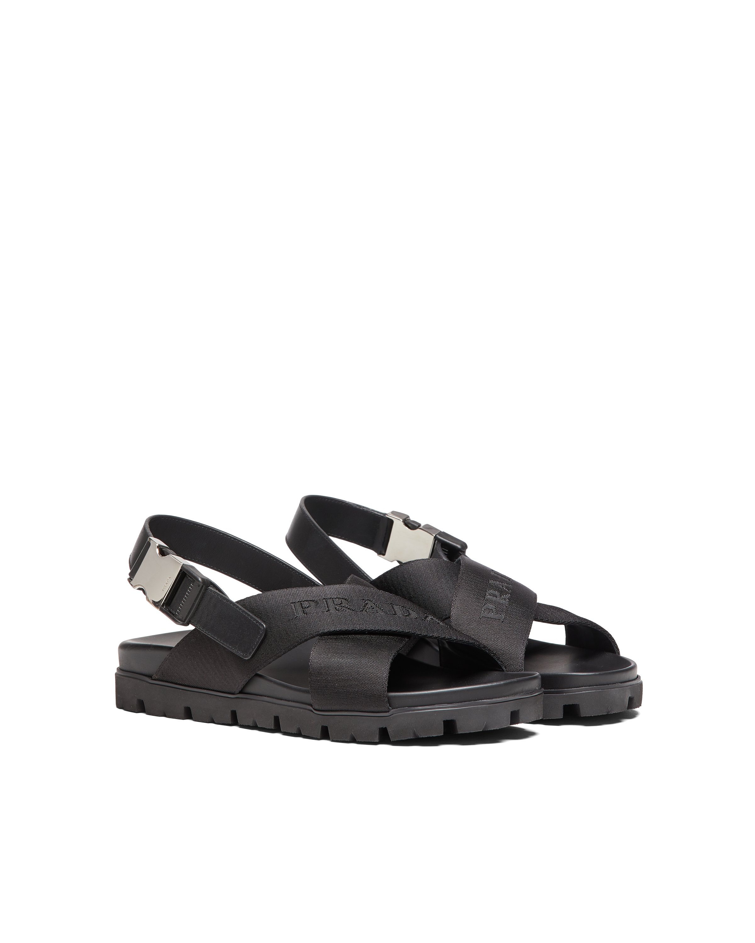 Black Leather and nylon tape crisscross sandals | Prada