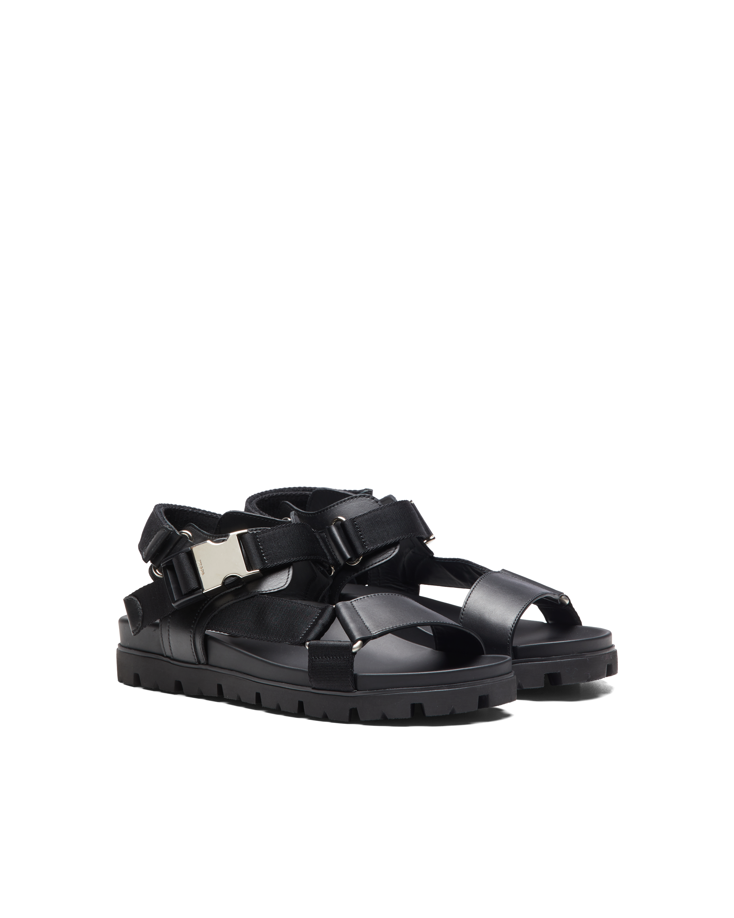 Black Sporty leather and nylon tape sandals | Prada