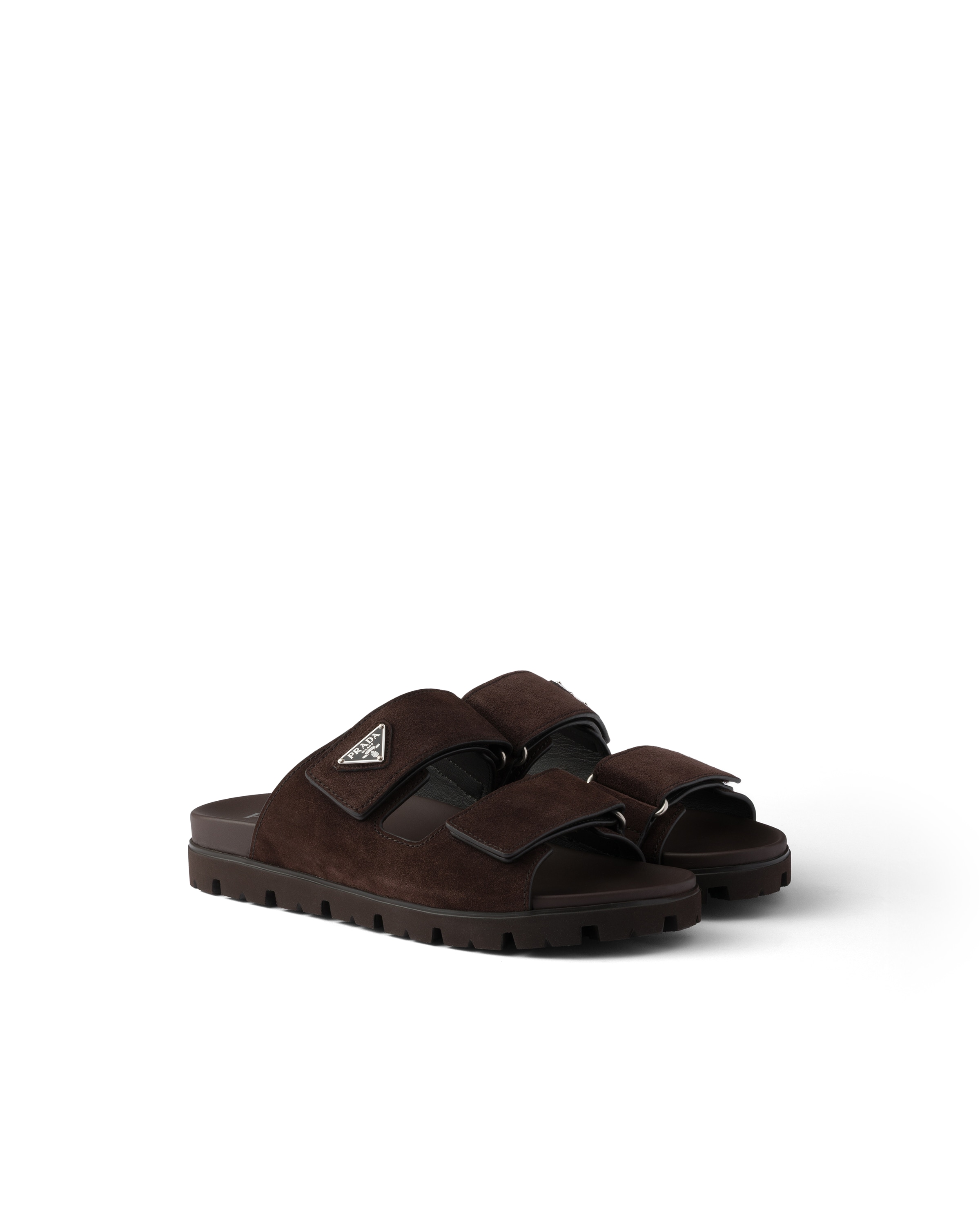 Prada Double Strap Open Toe Leather Sandals In Brown