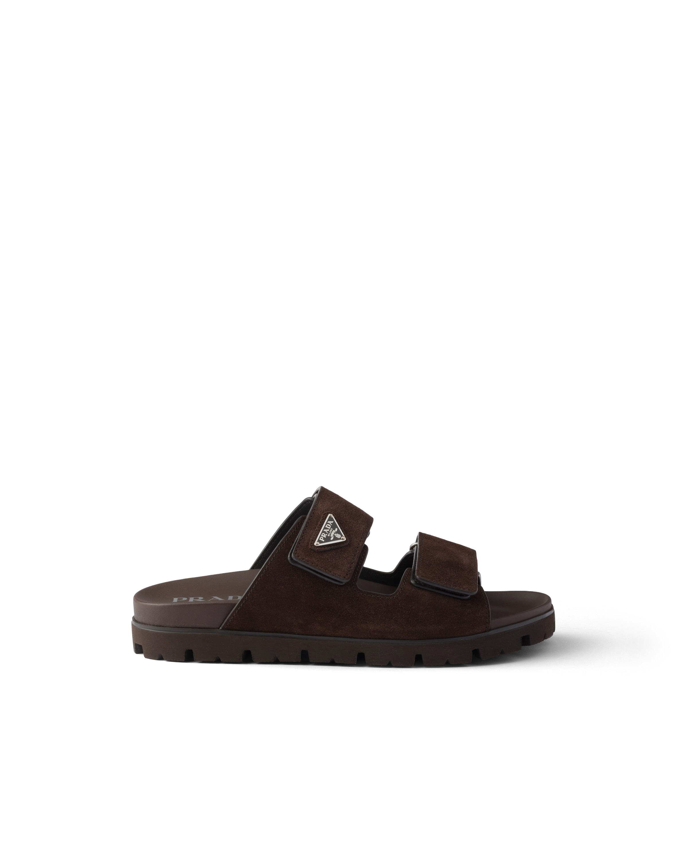 Prada Double Strap Open Toe Leather Sandals In Brown