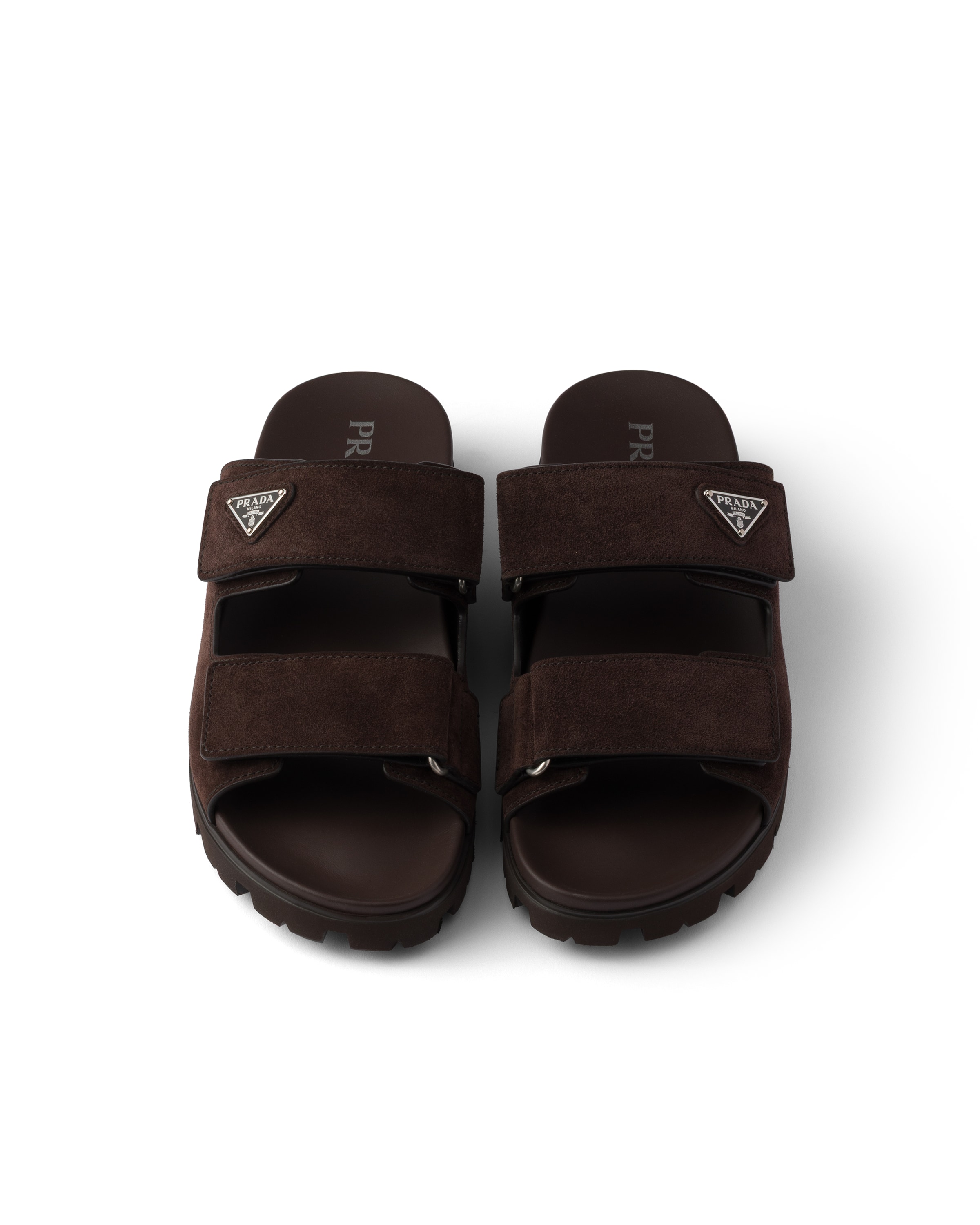 Prada Double Strap Open Toe Leather Sandals In Brown