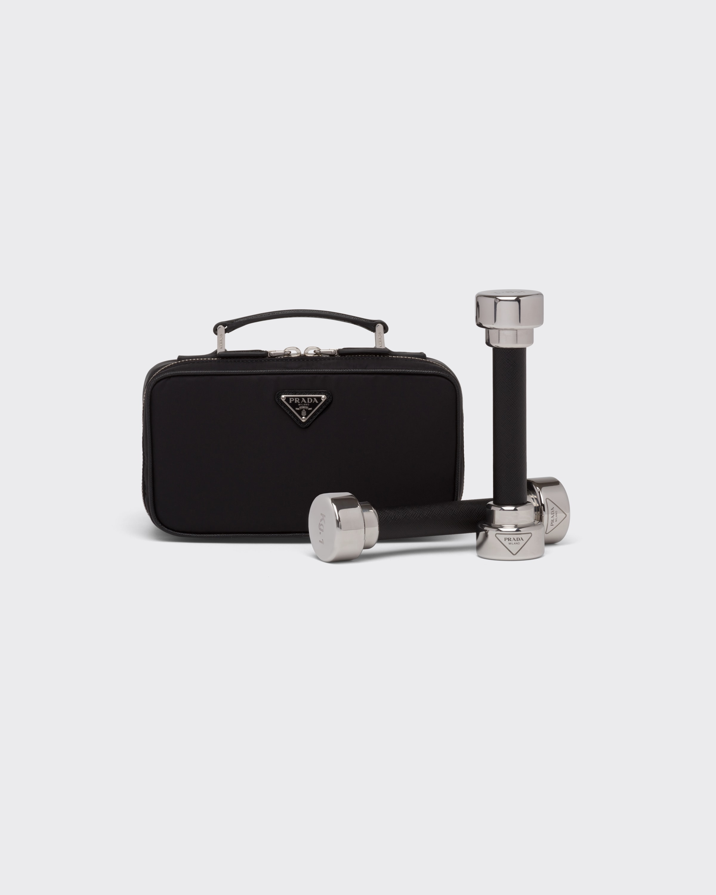 Prada Pesi In Acciaio Rivestiti In Saffiano Con Pouch In Re-nylon, , Nero
