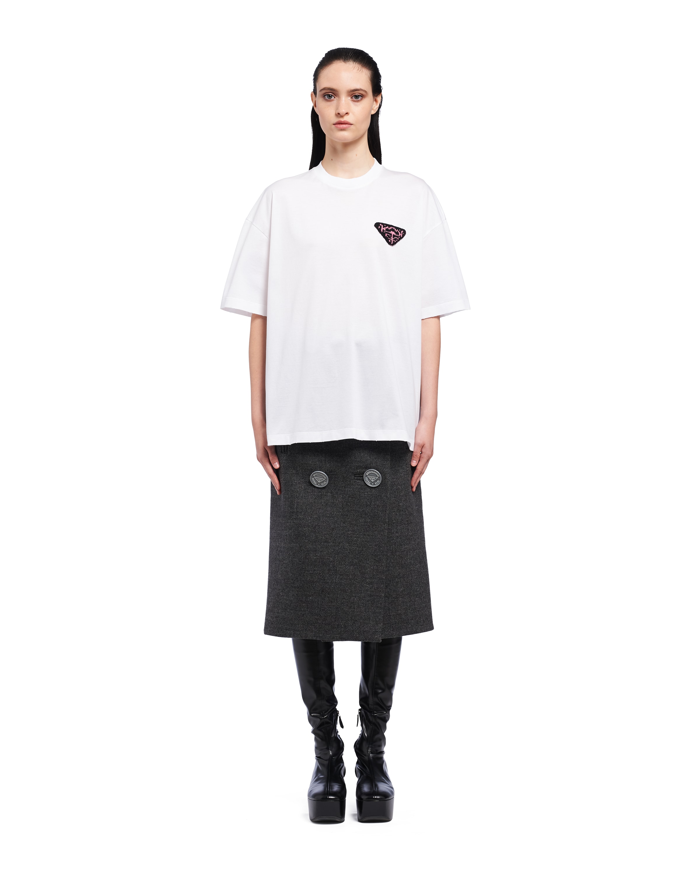 White Jersey T-shirt with knit logo | Prada