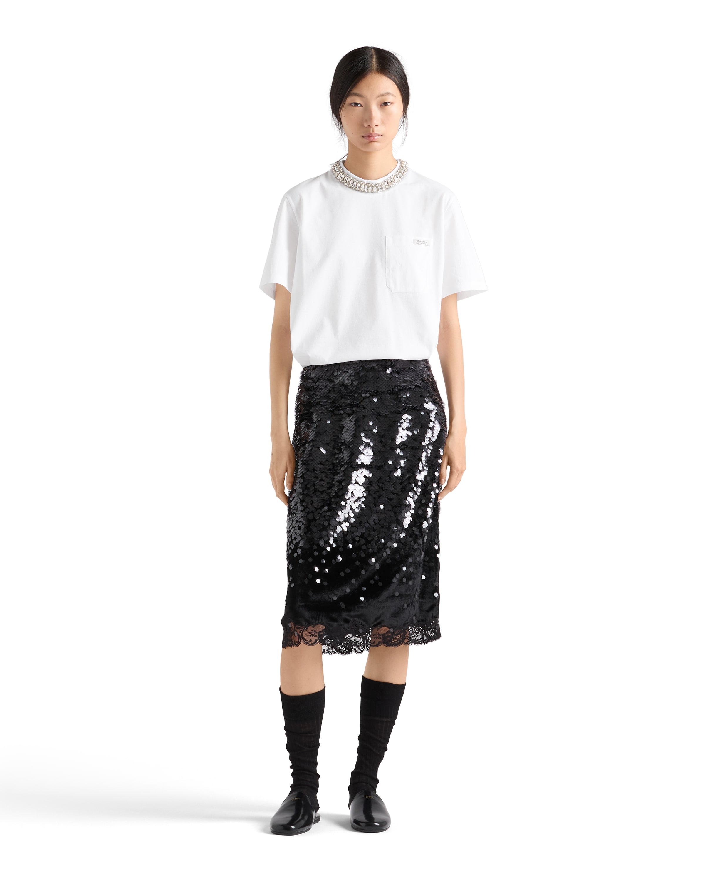 Prada Embroidered Jersey T-shirt In White