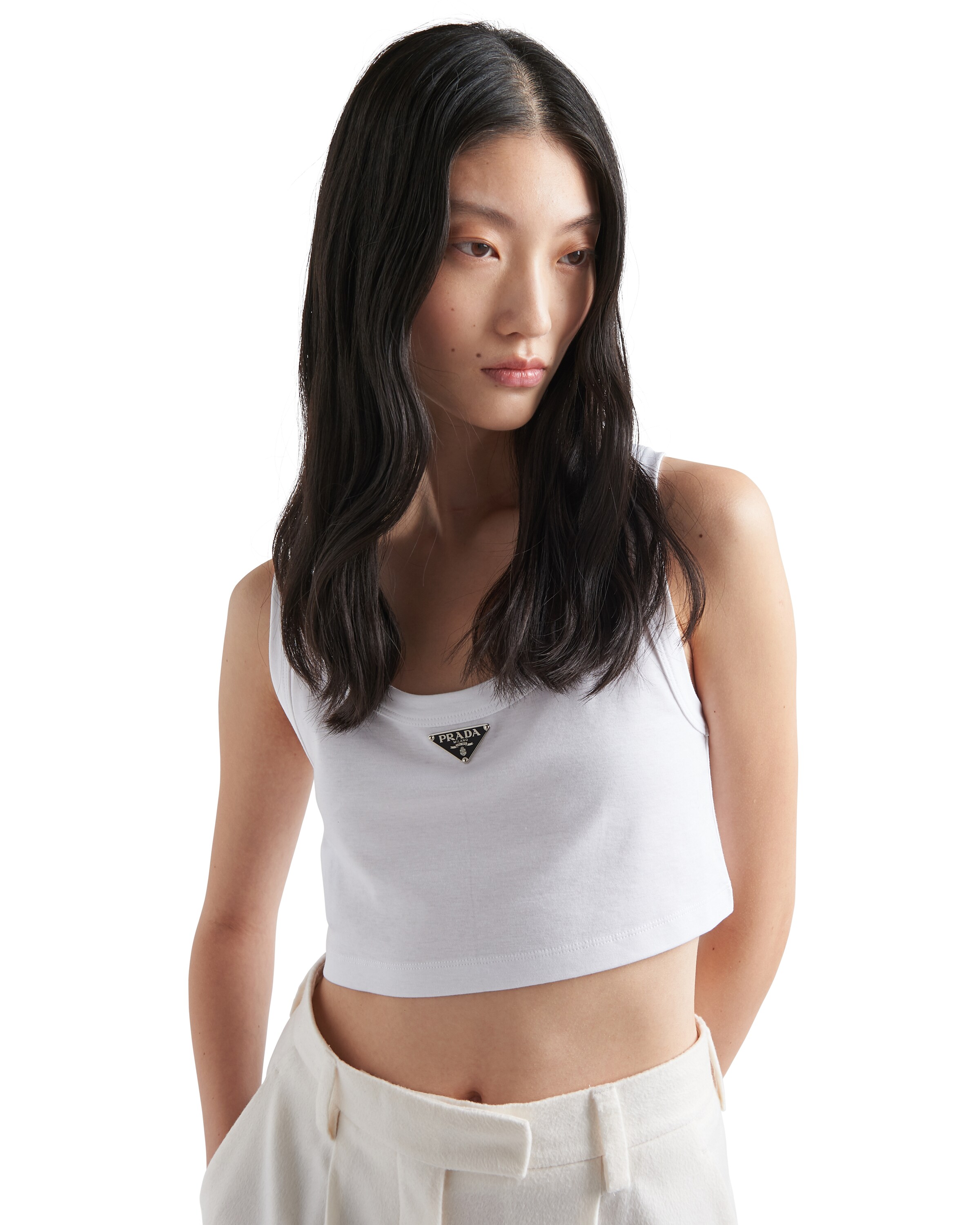 Prada Womens White Logo-plaque Cropped Cotton-jersey Tank Top
